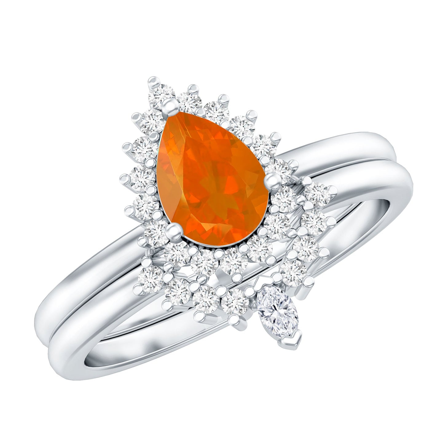 Real 0.6 Carat Fire Opal Teardrop Wedding Ring Set with Diamond Halo