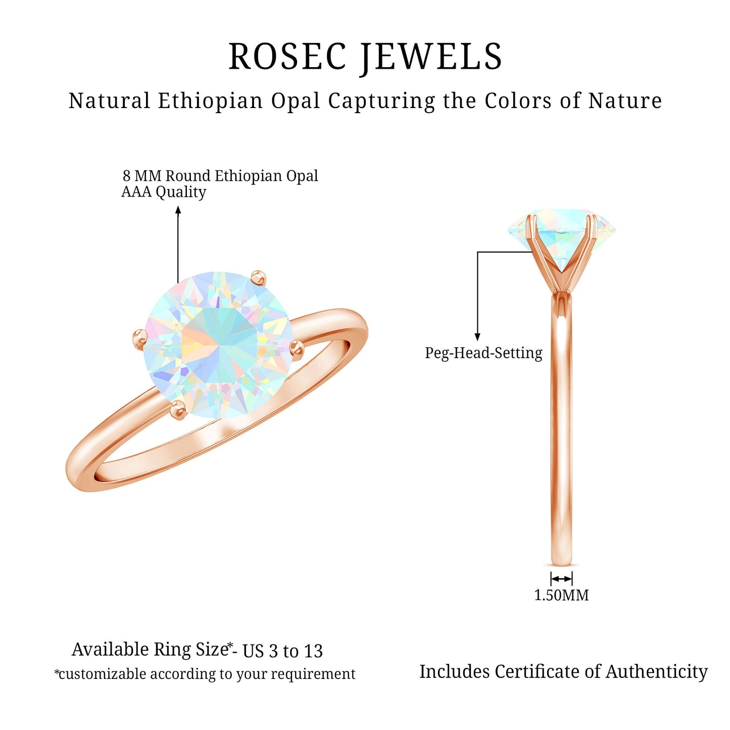 Classic 2 Carat Solitaire Ethiopian Rainbow Opal Engagement Ring