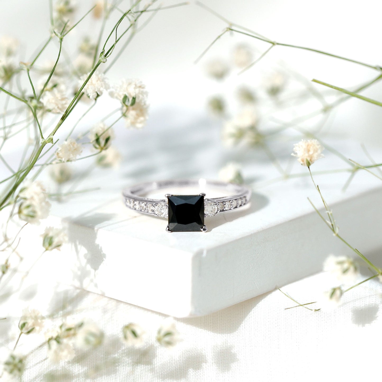 Certified 1 Carat Lab Grown Black and White Diamond Princess Cut Engagement Ring