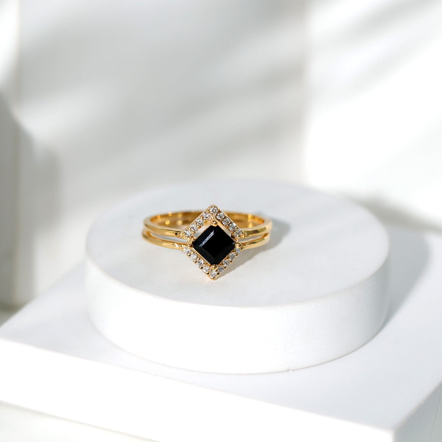 Real Black Onyx and Diamond Princess Cut Engagement Ring With Ring Guard