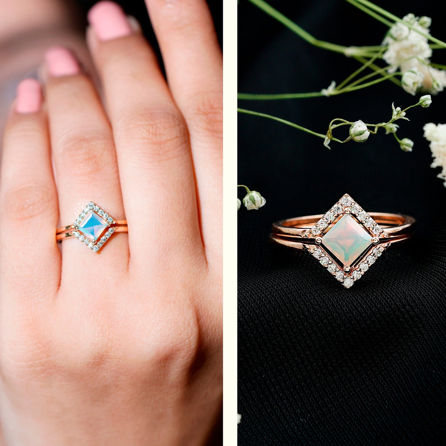 Natural Princess Cut Ethiopian Opal Engagement Ring with Diamond Enhancer