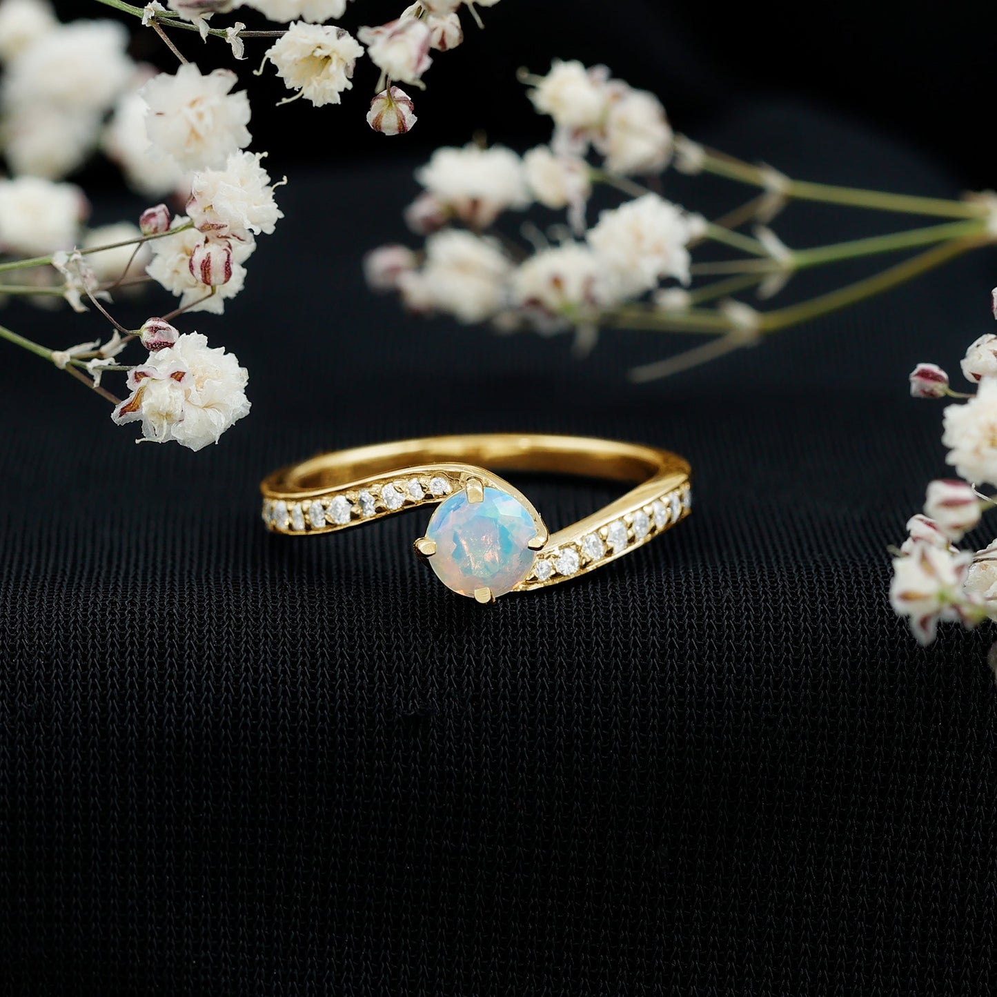 Natural Certified Ethiopian Opal Solitaire Promise Ring with Bypass Shank