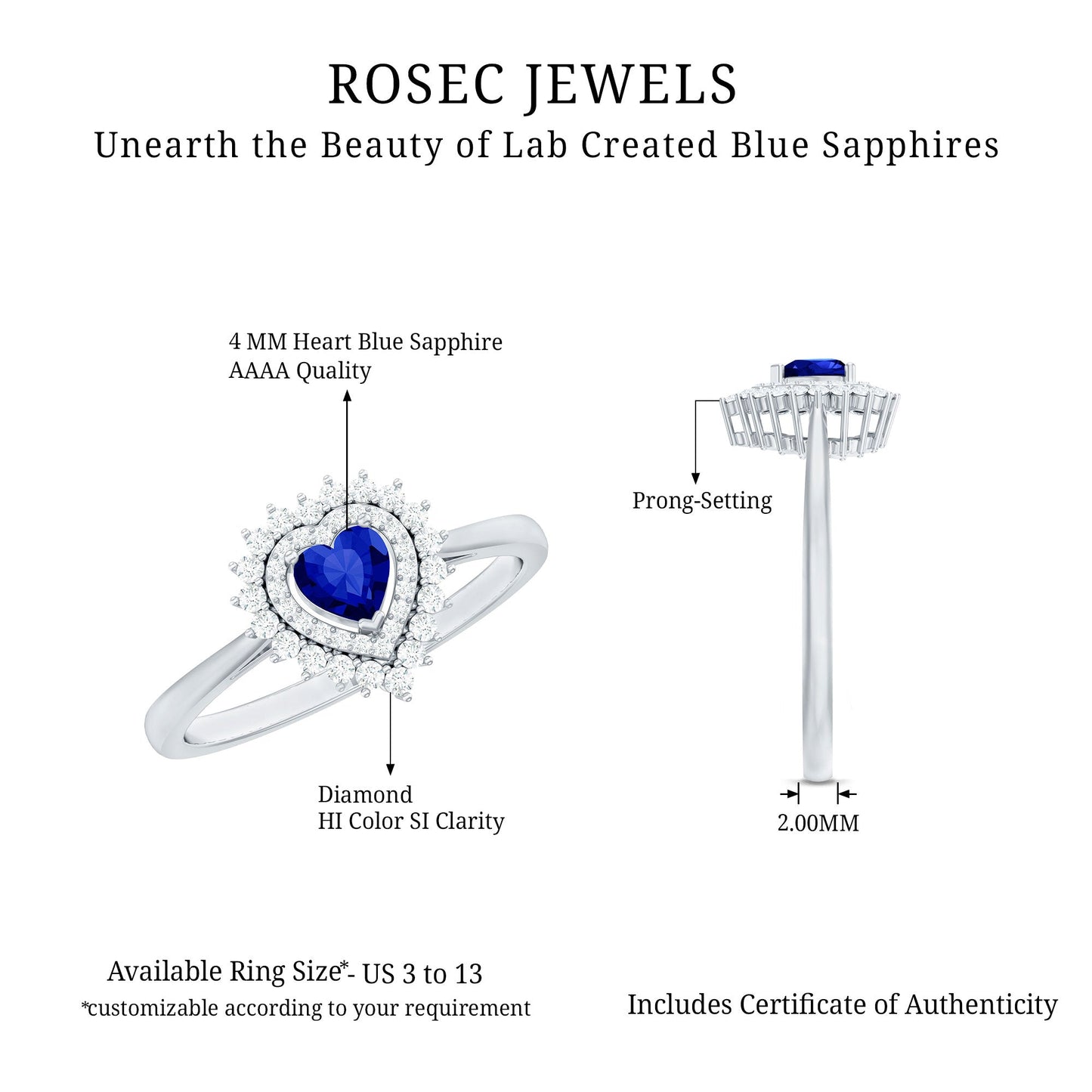 Certified Lab Grown Blue Sapphire Heart Engagement Ring with Diamond Double Halo