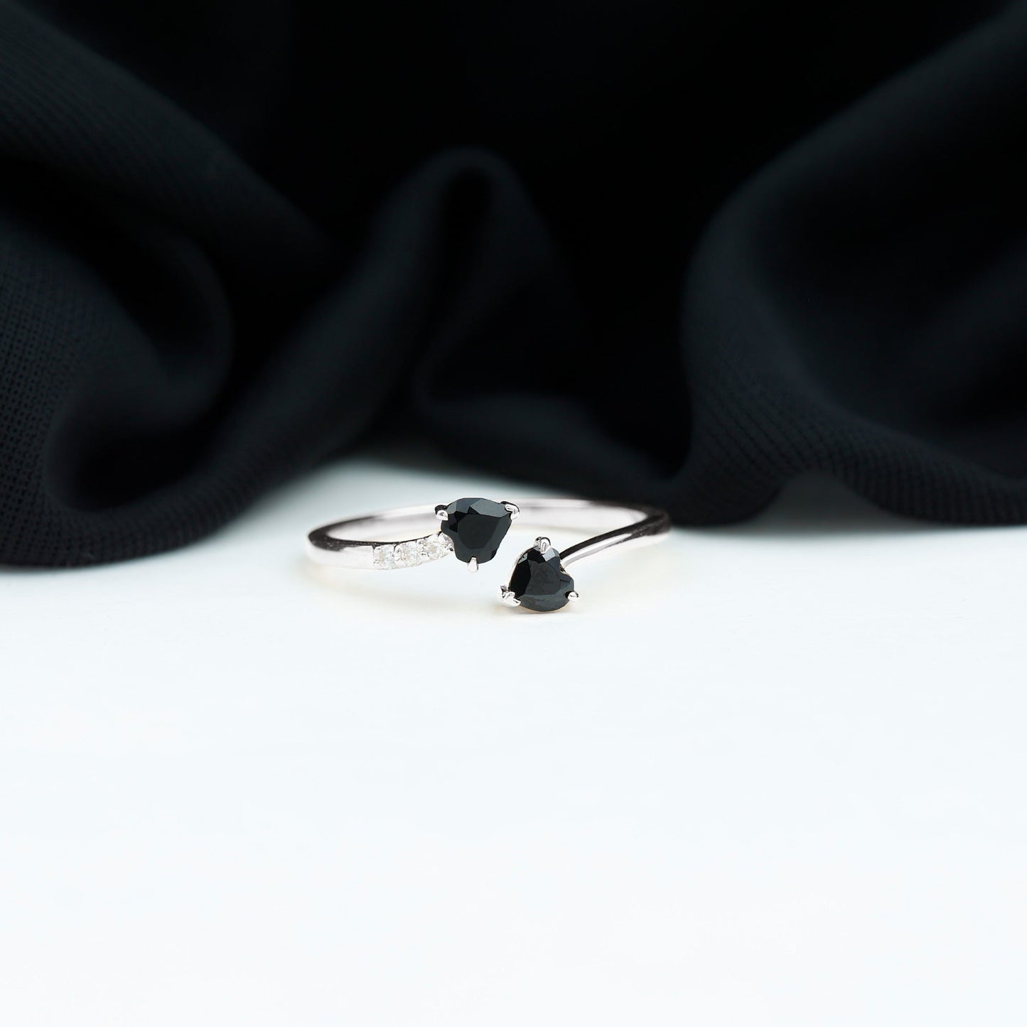 Genuine Black Onyx Double Heart Promise Ring with Diamond