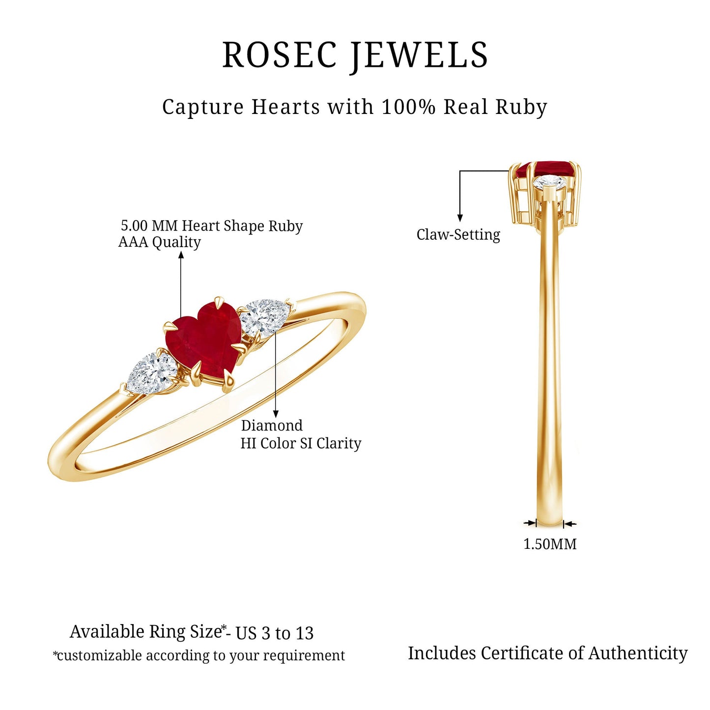 Natural 0.6 Carat Heart Shape Ruby Diamond 3 Stone Promise Ring
