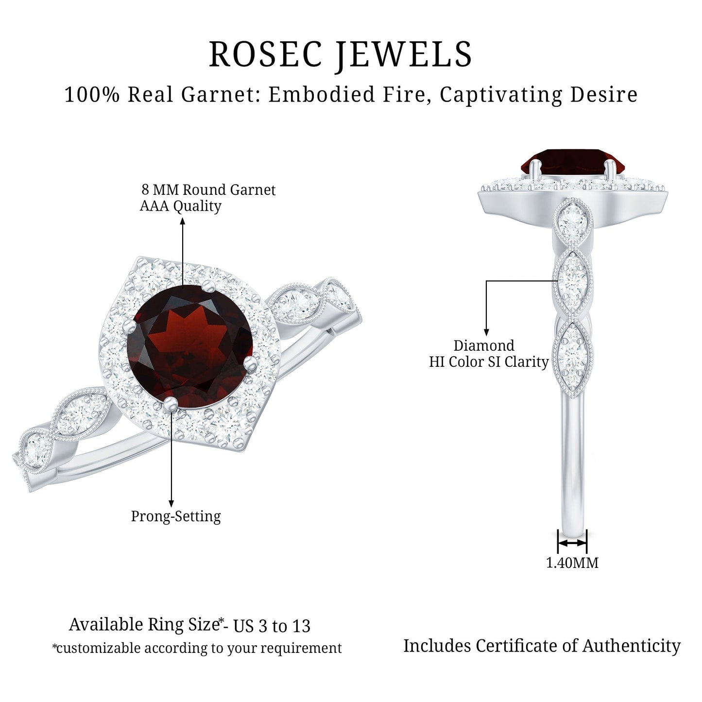 Vintage Looking Garnet Engagement Ring with Diamond Halo