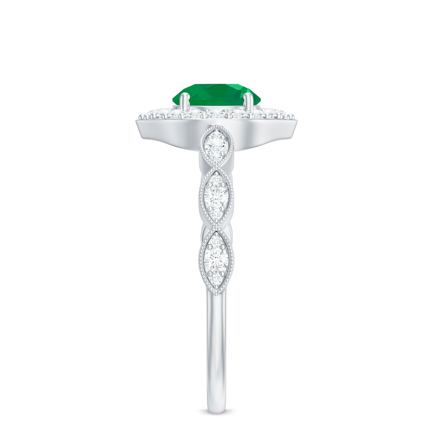 Natural Emerald Vintage Looking Engagement Ring with Diamond Halo