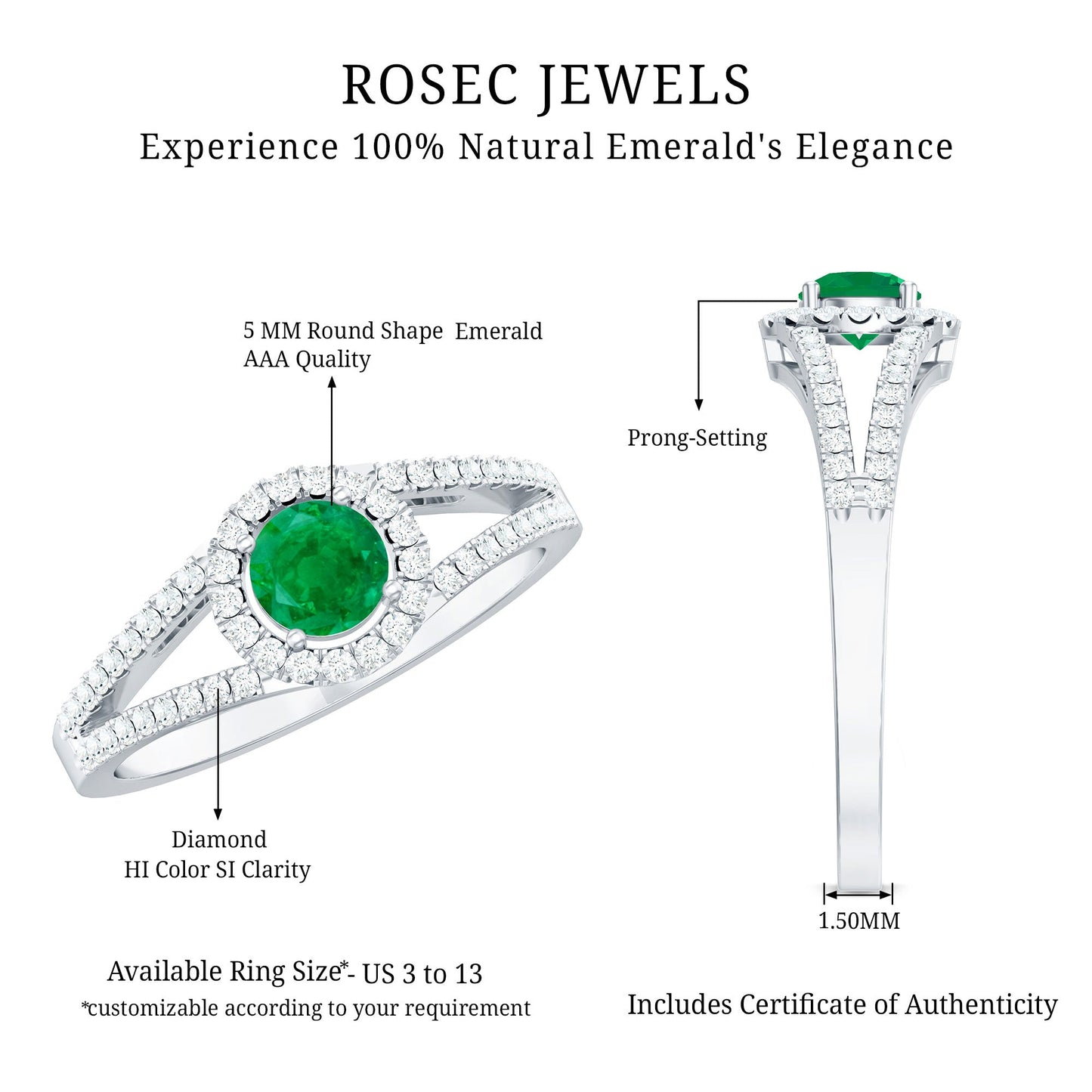 Classic Emerald Split Shank Engagement Ring with Diamond Halo