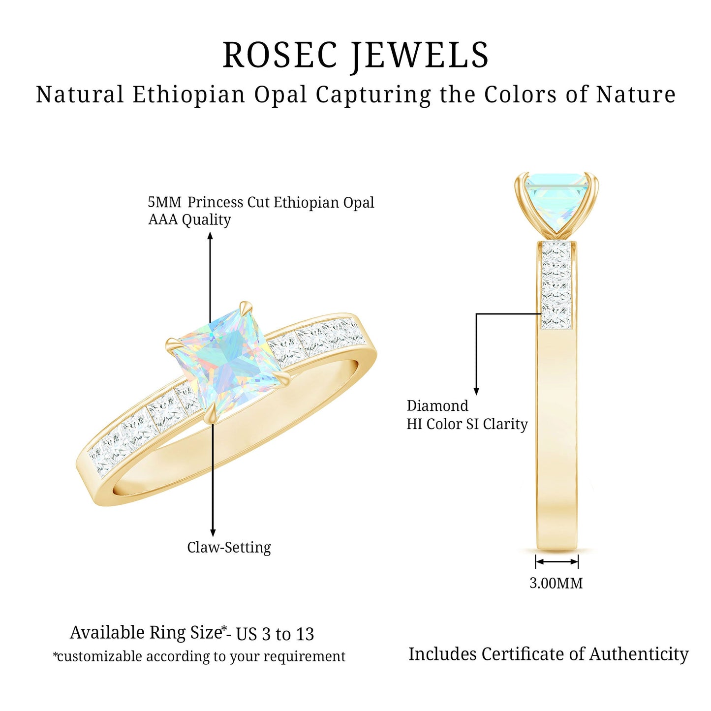 Certified Real Ethiopian Opal Princess Cut Engagement Ring with Diamond