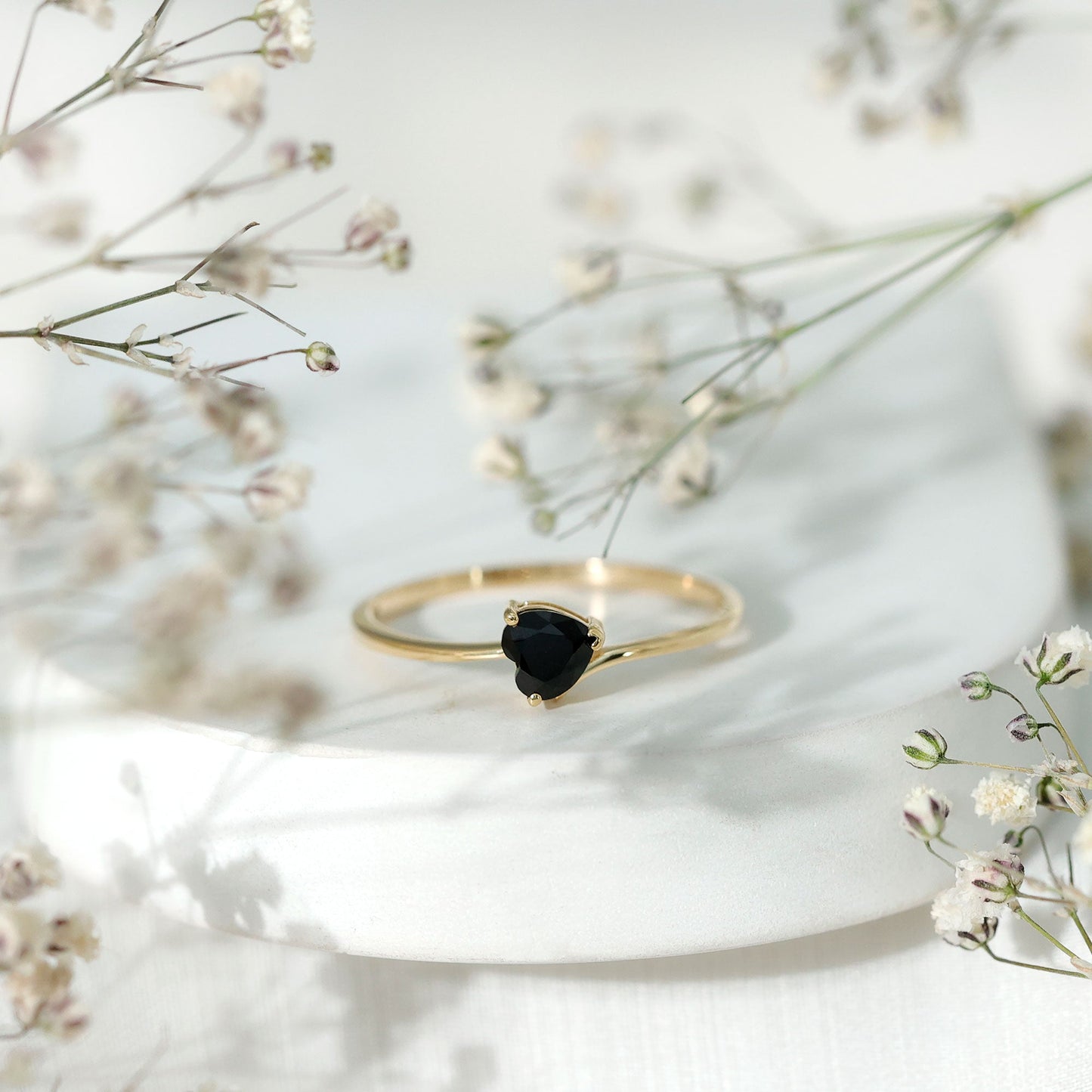 Natural Black Spinel Heart Promise Ring in East West Style