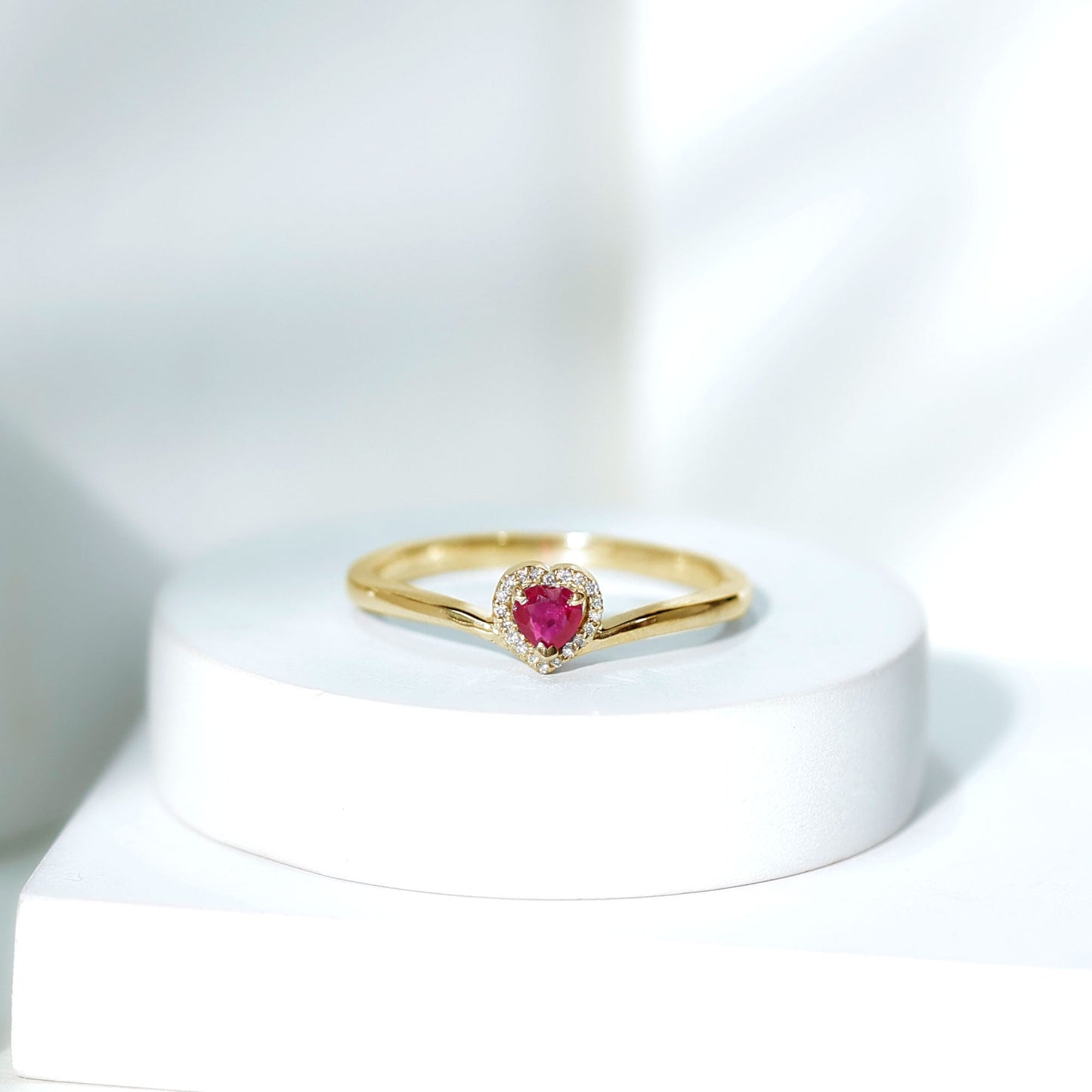 Genuine Half Carat Ruby Heart Promise Ring with Diamond Halo