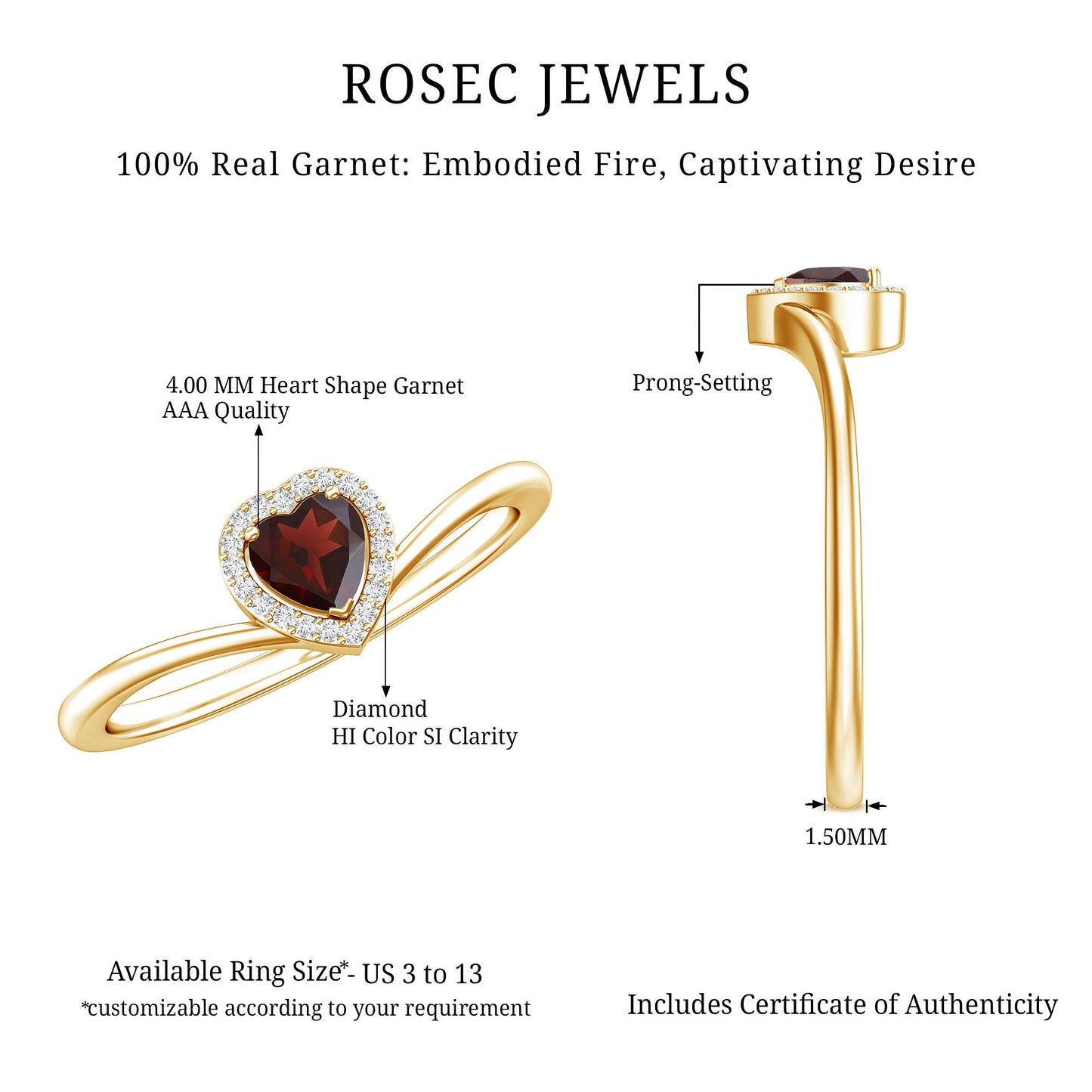 Certified Real Garnet Heart Promise Ring with Diamond Halo