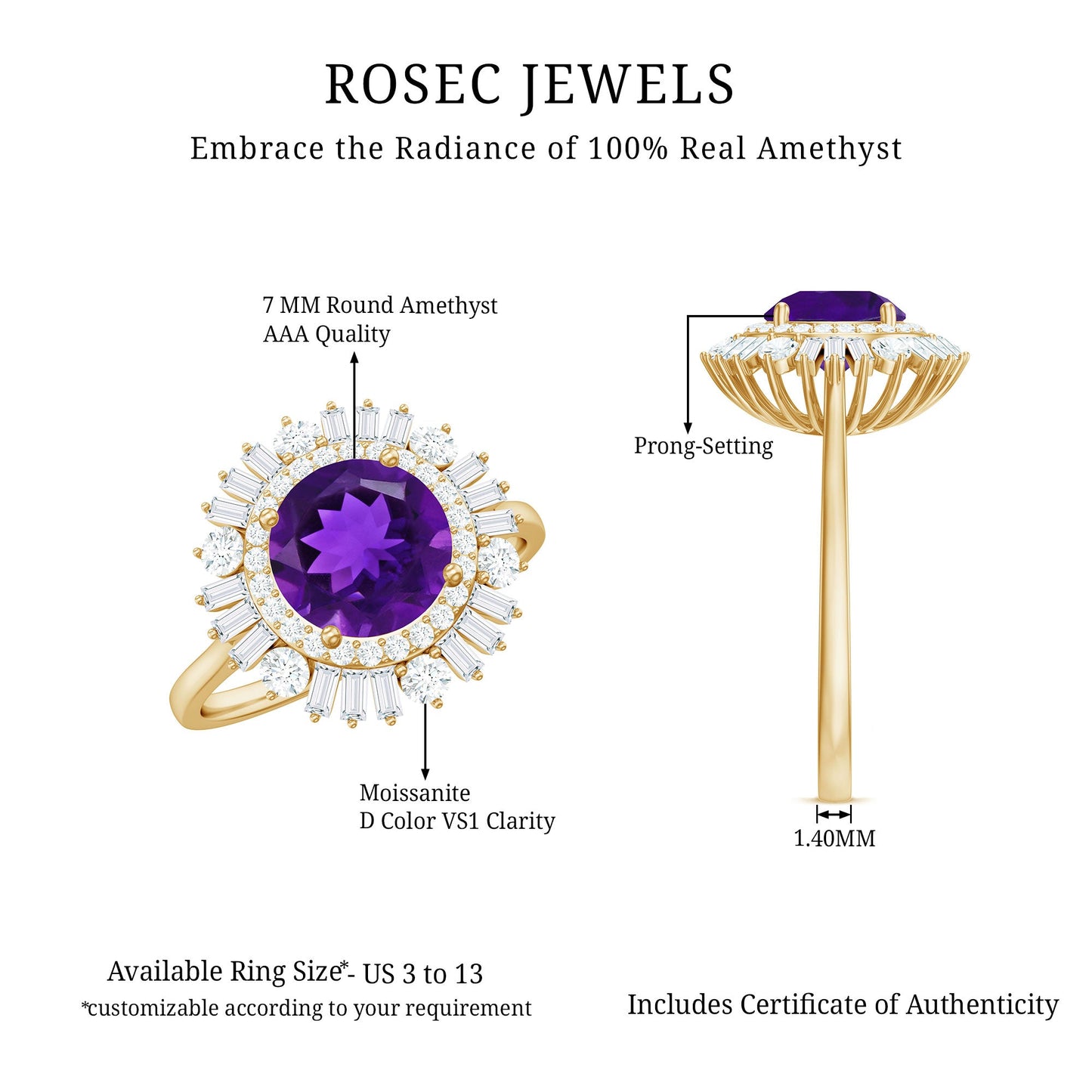 Natural 1.2 Carat Amethyst Statement Engagement Ring with Moissanite Double Halo