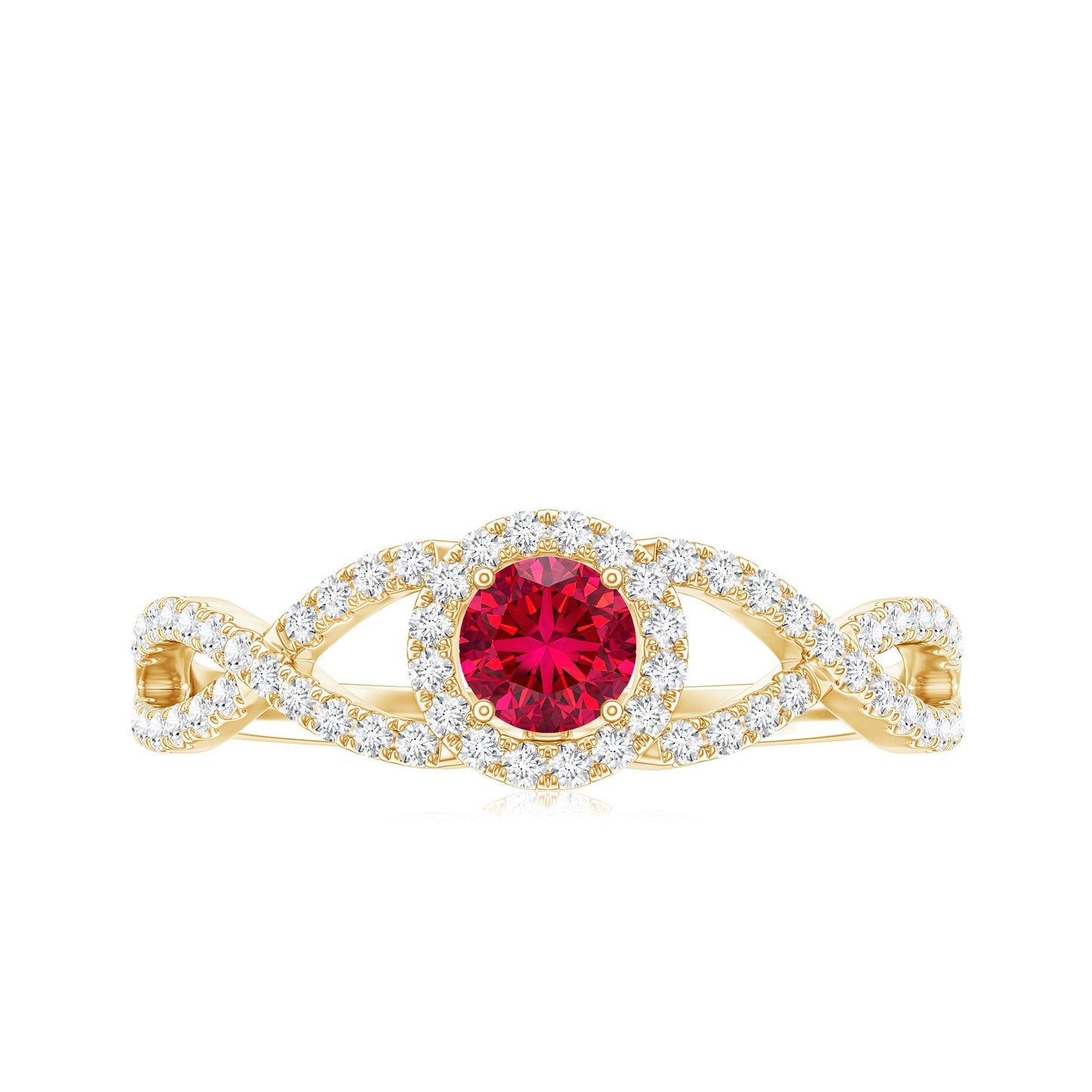 Criss Cross Shank Created Ruby and Diamond Halo Engagement Ring