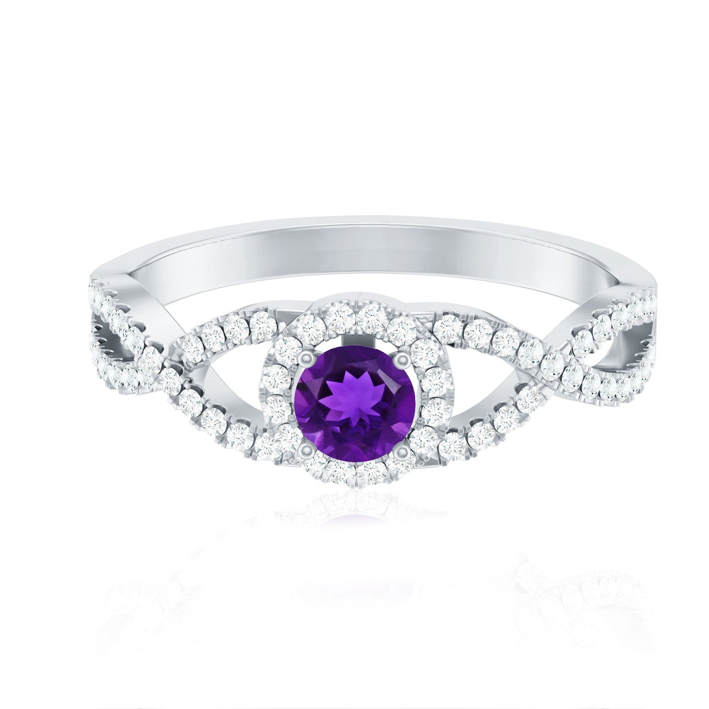 Real Amethyst Diamond Halo Engagement Ring with Criss Cross Shank
