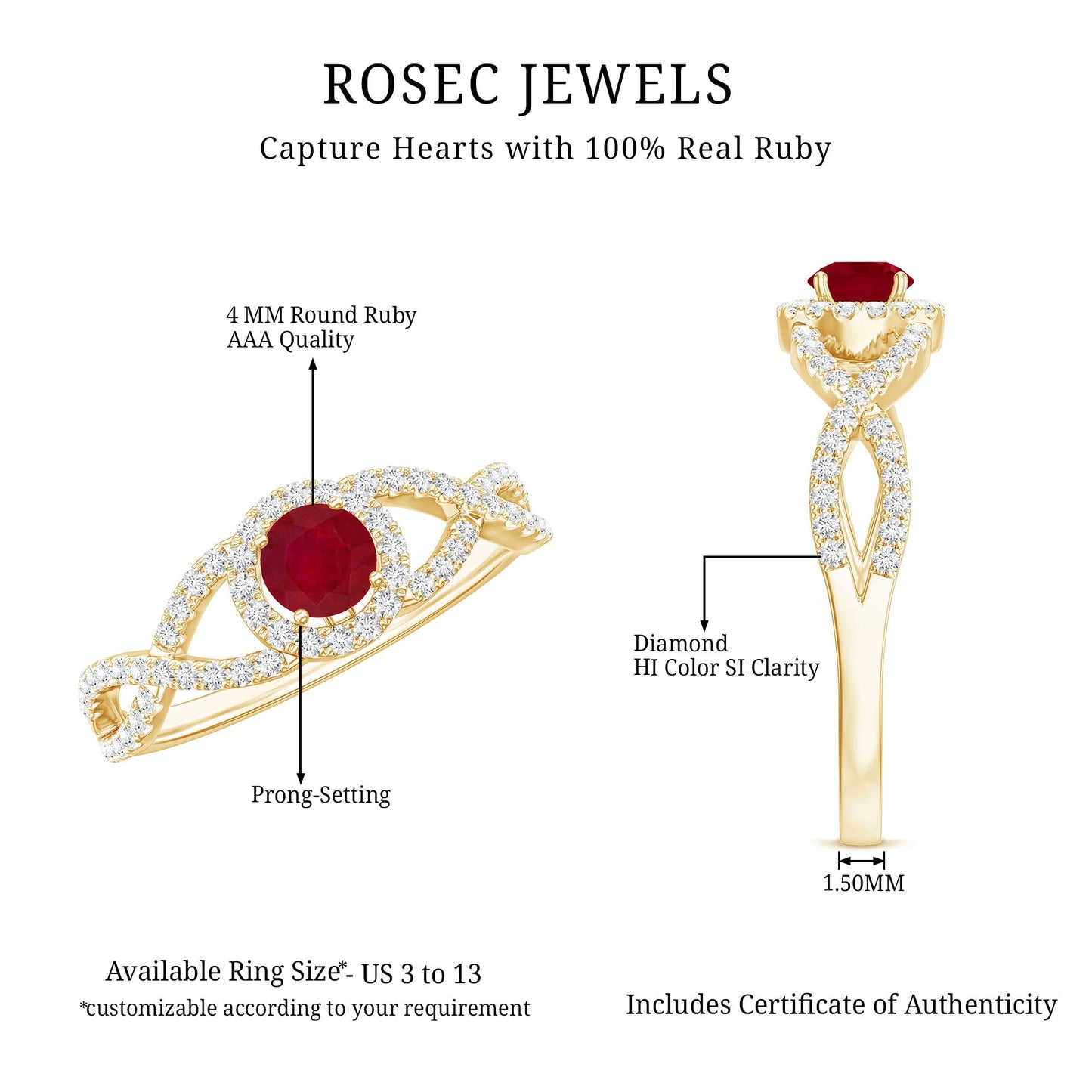 Genuine Ruby Engagement Ring with Diamond Criss Cross Shank