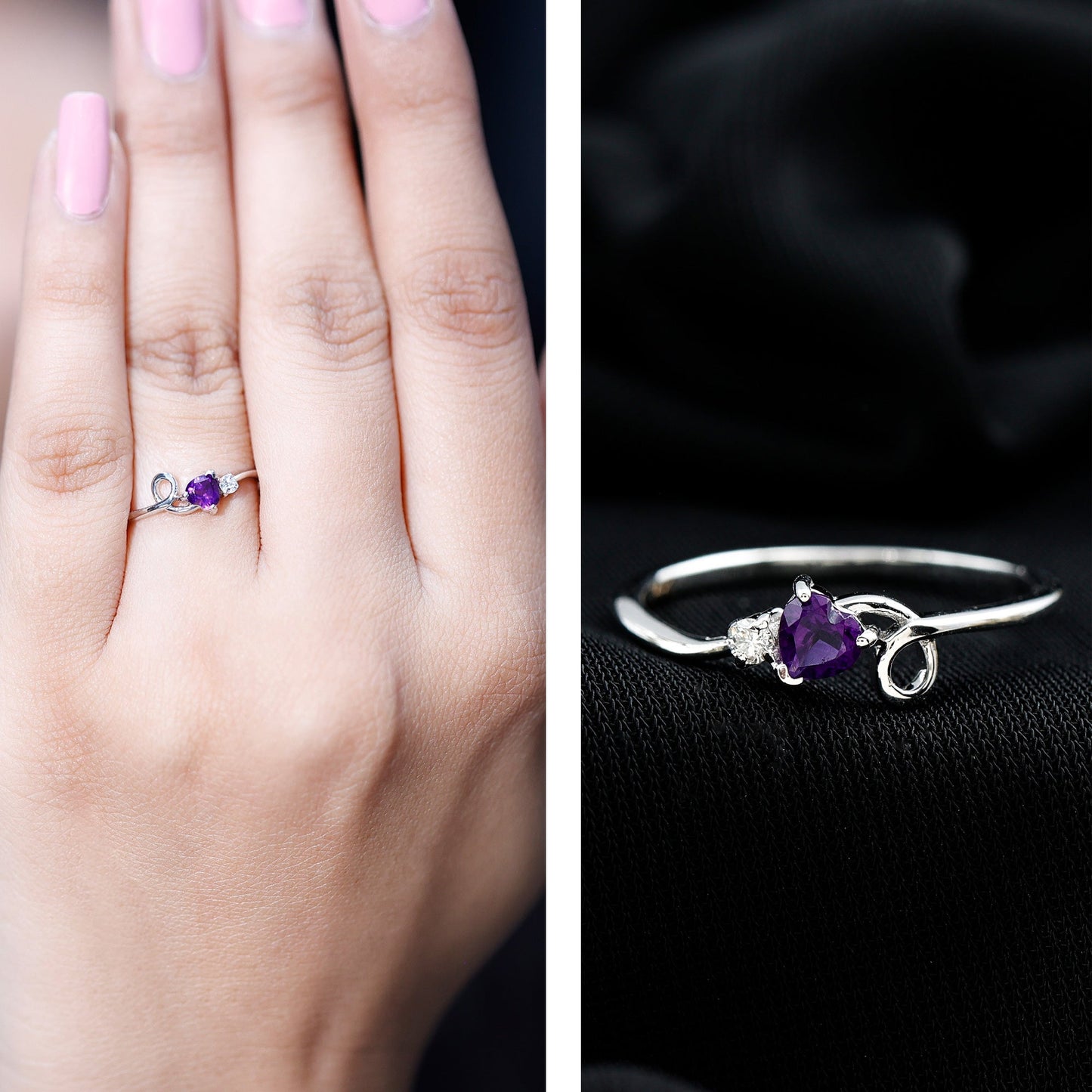 Heart Shape Real Amethyst and Diamond Twisted Promise Ring