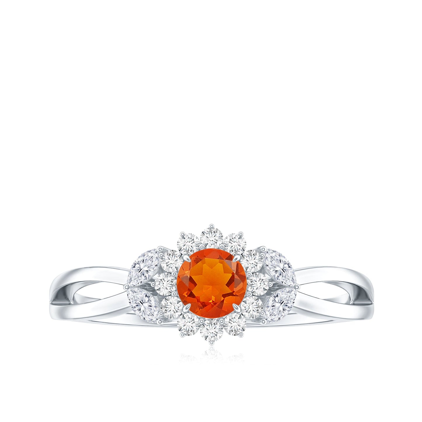 Fire Opal and Diamond Flower Engagement Ring with Split Shank