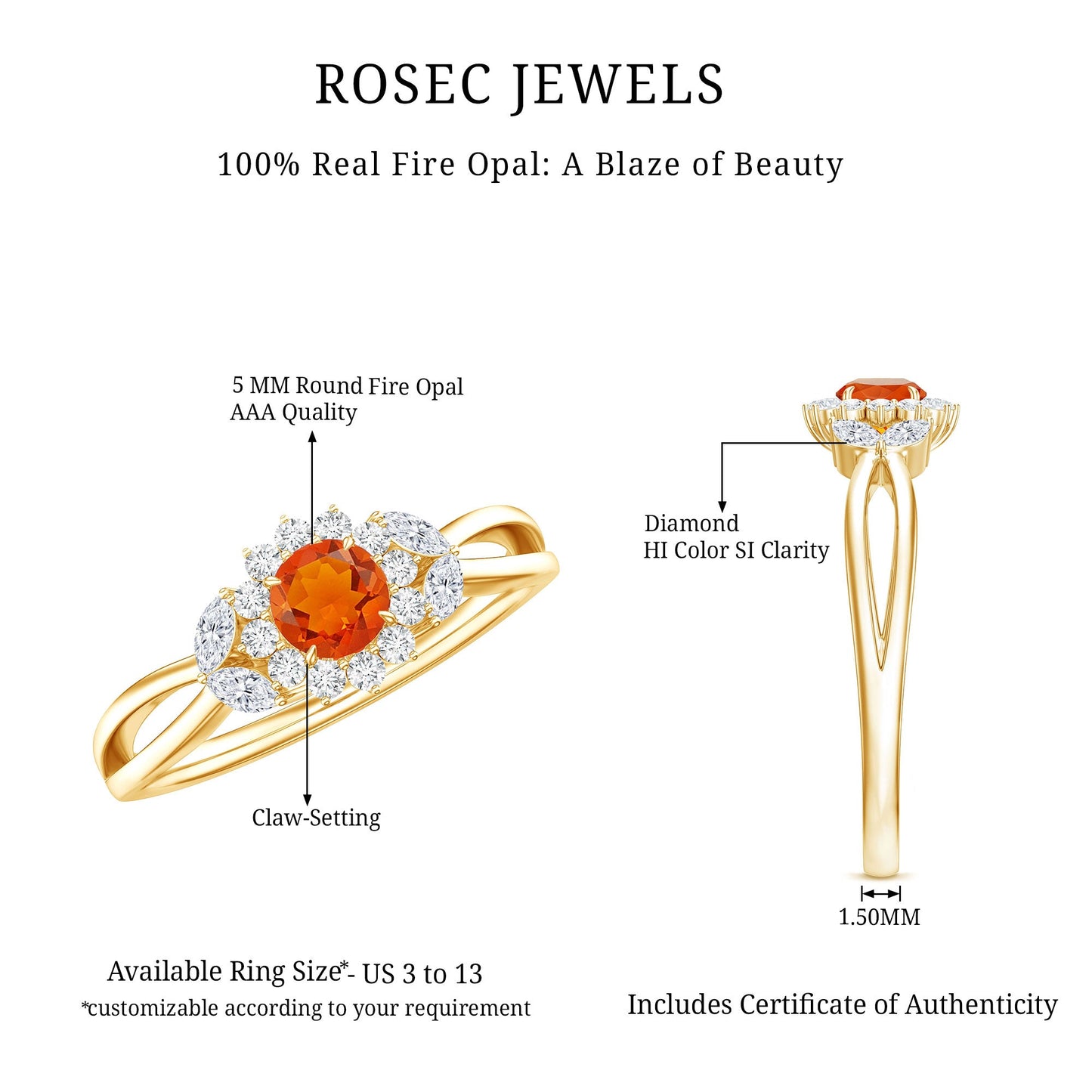 Fire Opal and Diamond Flower Engagement Ring with Split Shank