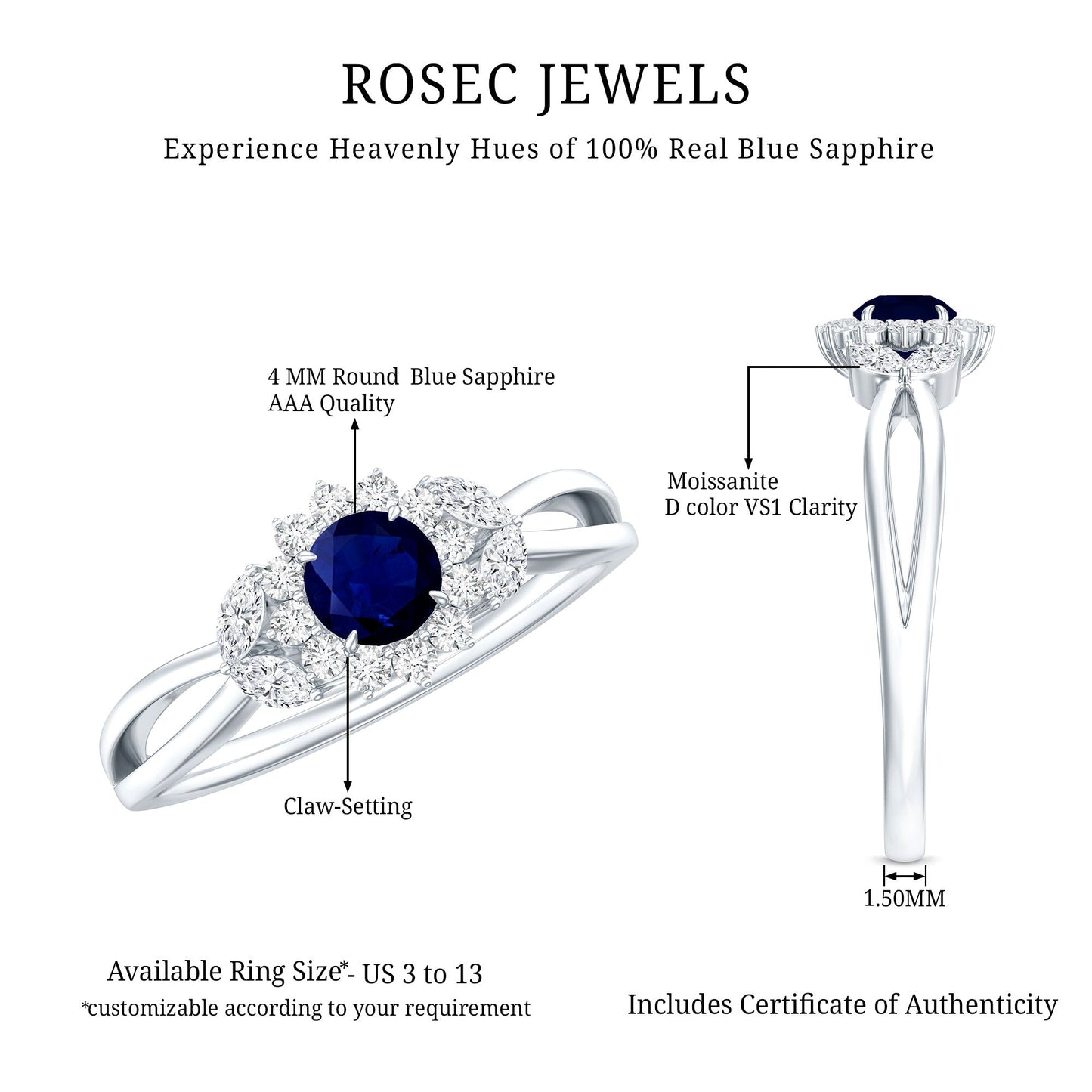 Certified Blue Sapphire Flower Engagement Ring with Diamond