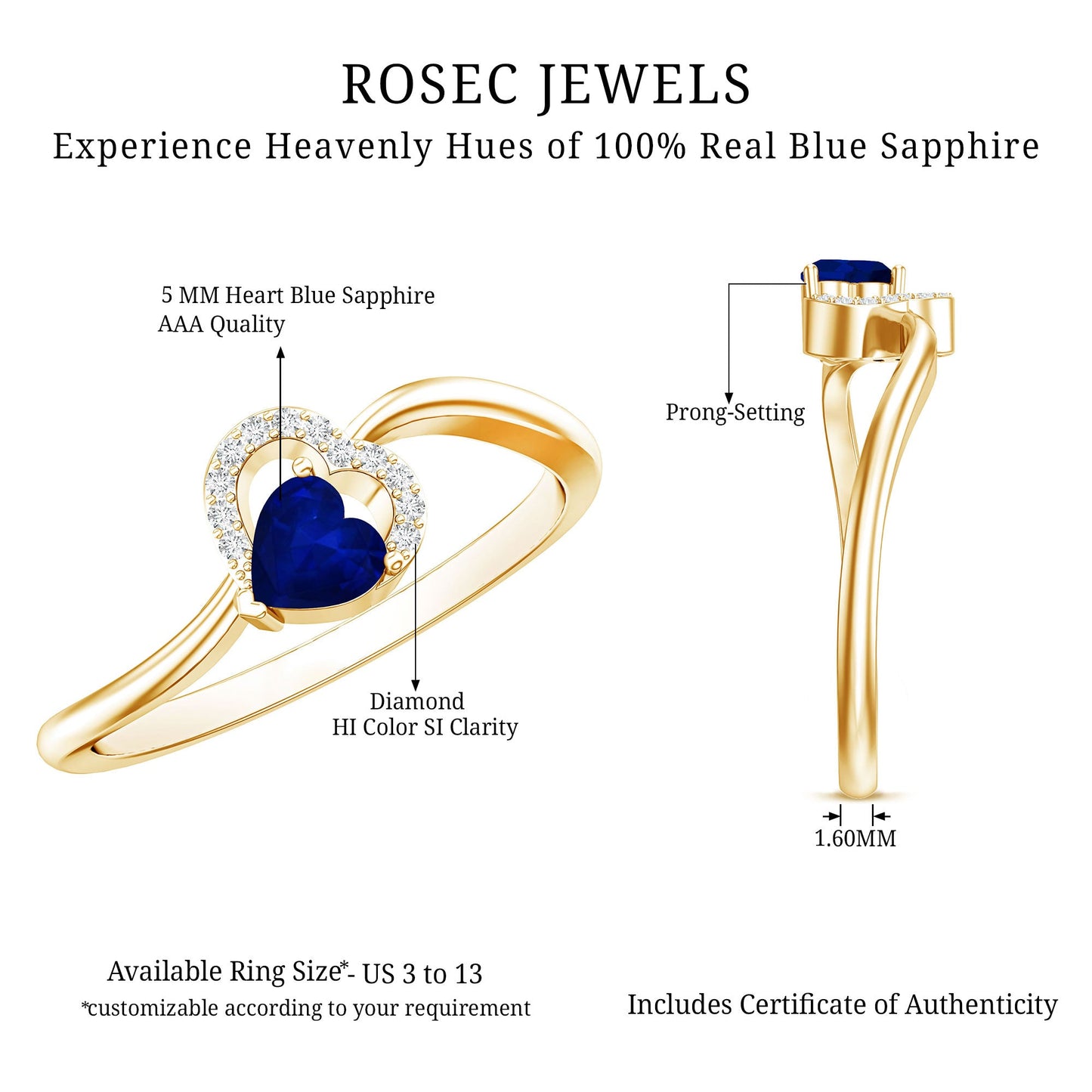 Real Heart Shape Blue Sapphire Diamond Promise Ring for Women