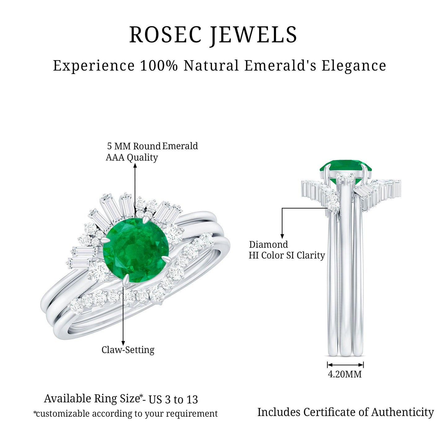 Vintage Inspired 0.4 Carat Emerald Diamond Wedding Bridal Ring Set of 3