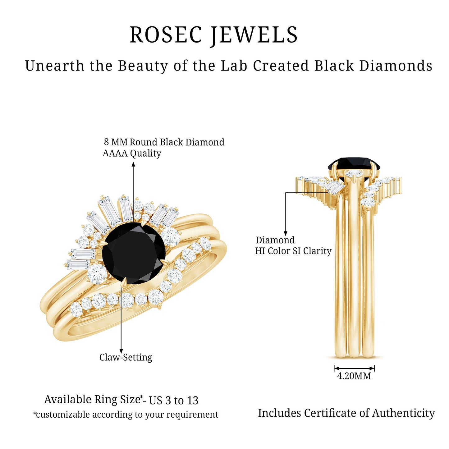Certified 2 Carat Lab Grown Black and White Diamond 3 Piece Bridal Ring Set