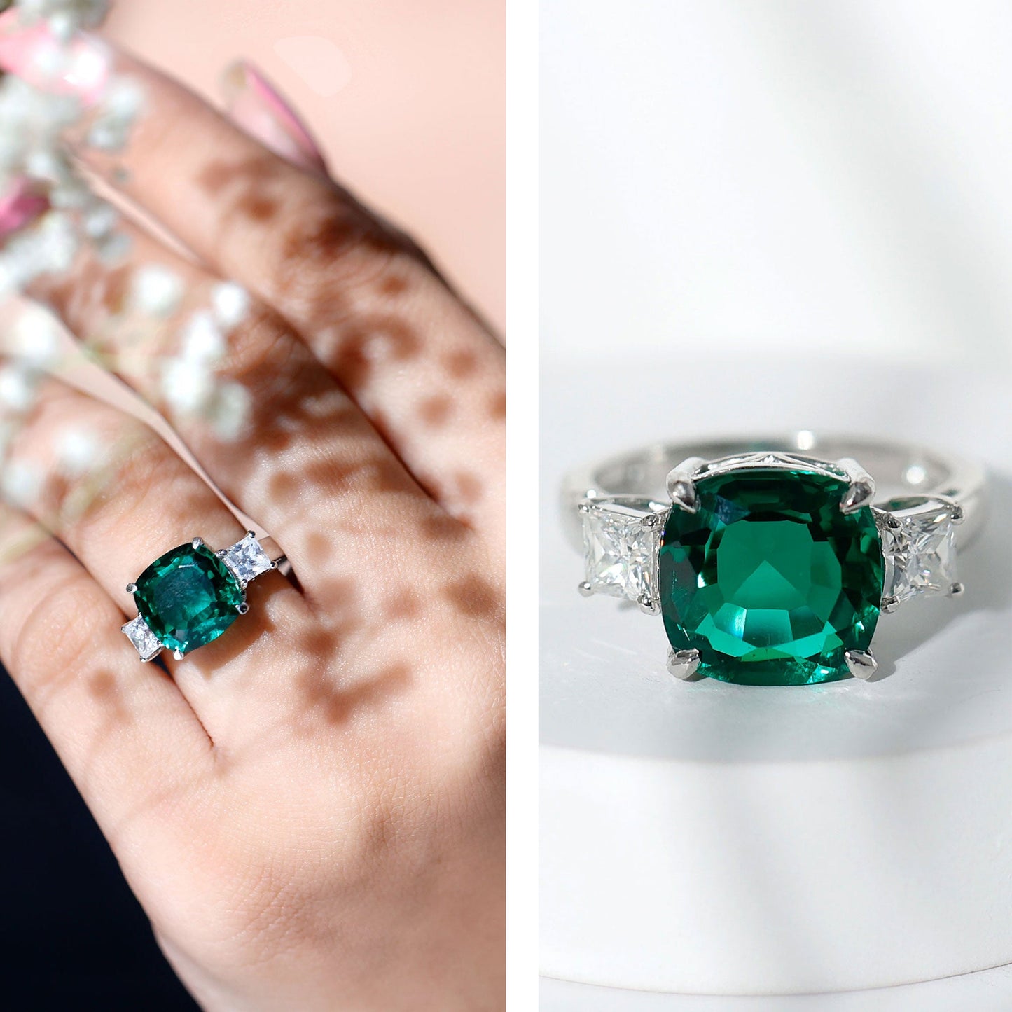 Lab Grown Emerald Cushion Engagement Ring with Moissanite