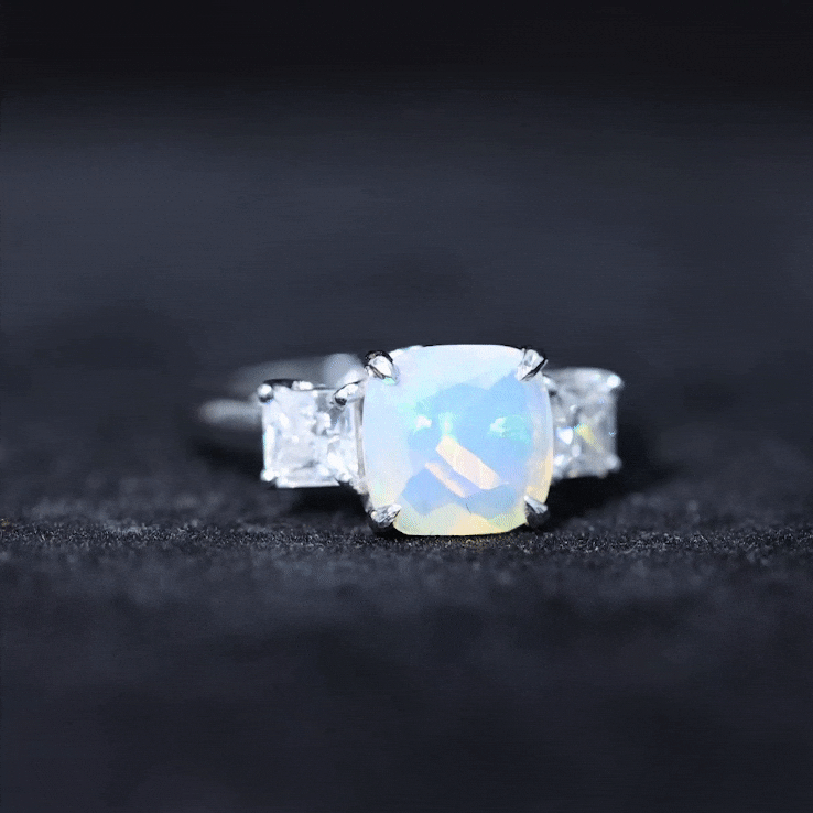 1.8 Carat Genuine Cushion Cut Ethiopian Opal 3 Stone Engagement Ring with Moissanite