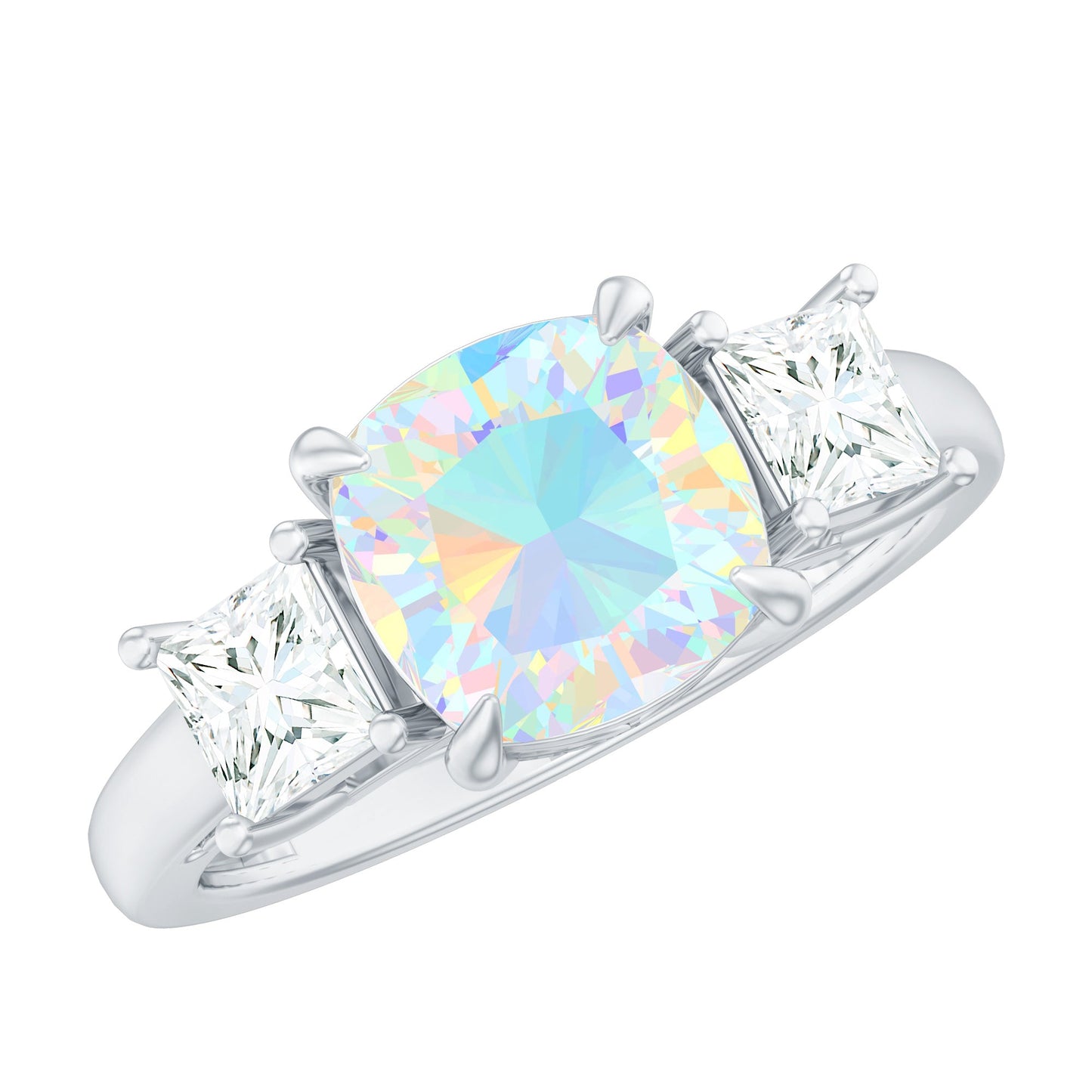 1.8 Carat Genuine Cushion Cut Ethiopian Opal 3 Stone Engagement Ring with Moissanite