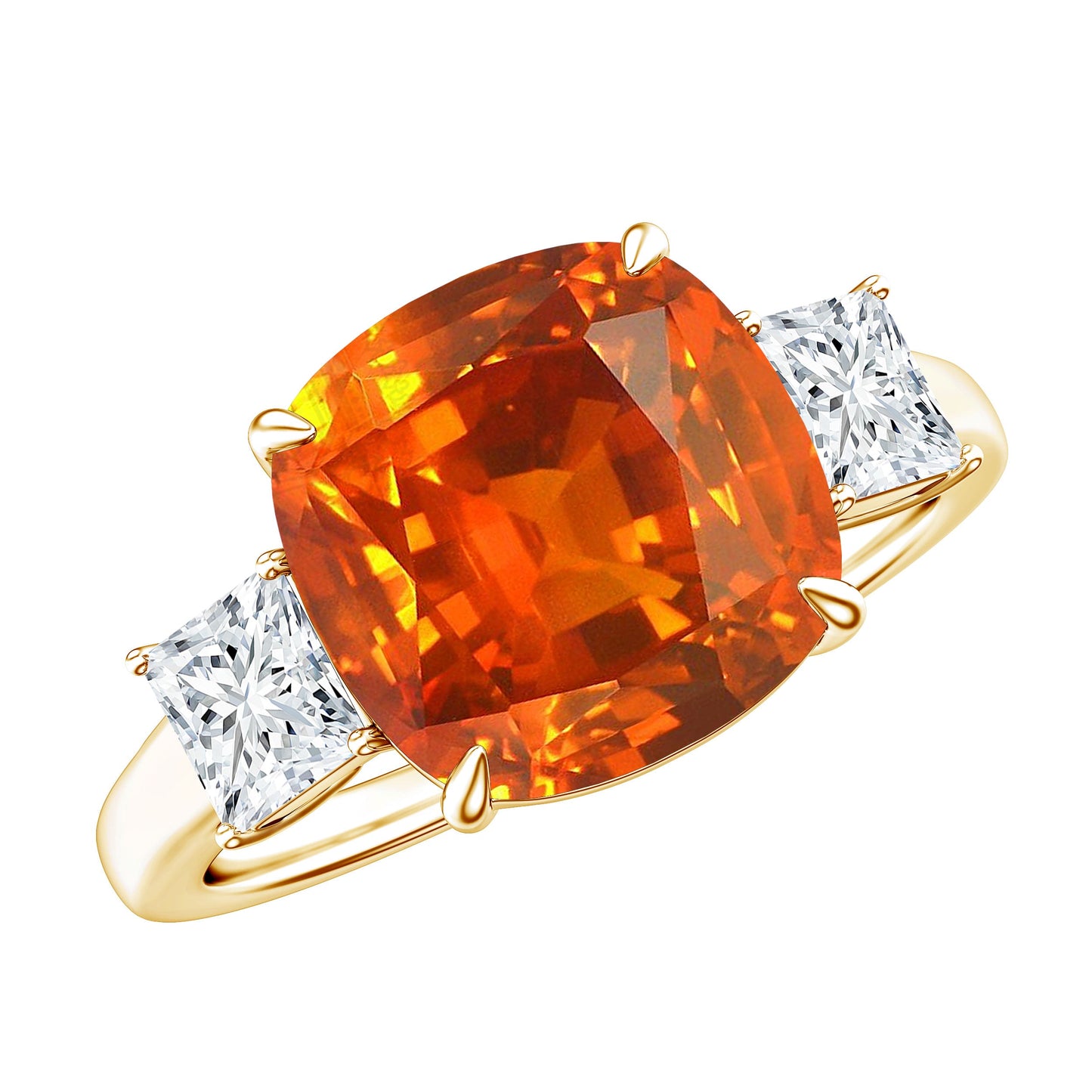9 Carat Cushion Cut Lab Grown Orange Sapphire 3 Stone Engagement Ring