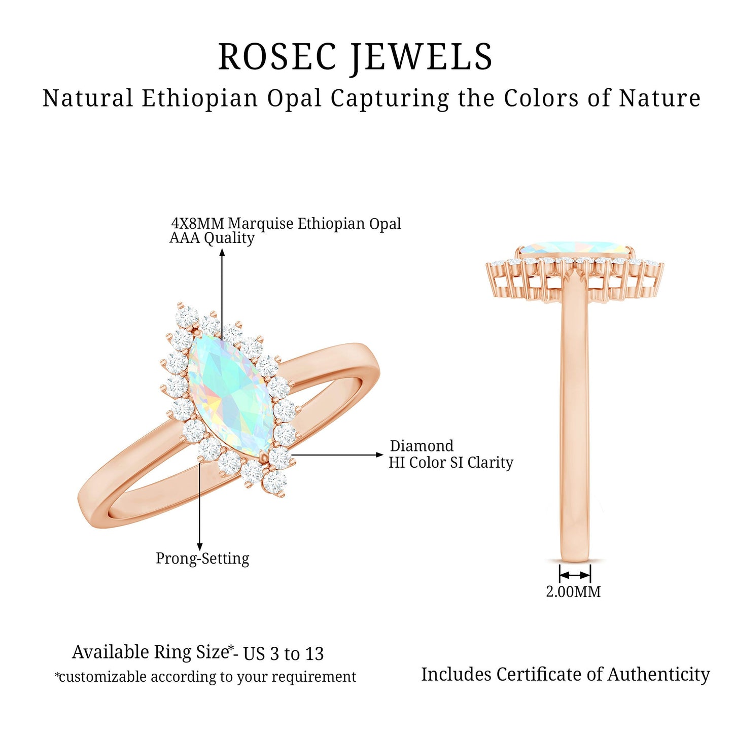 0.5 Carat Ethiopian Opal Marquise Cut Engagement Ring with Diamond Halo