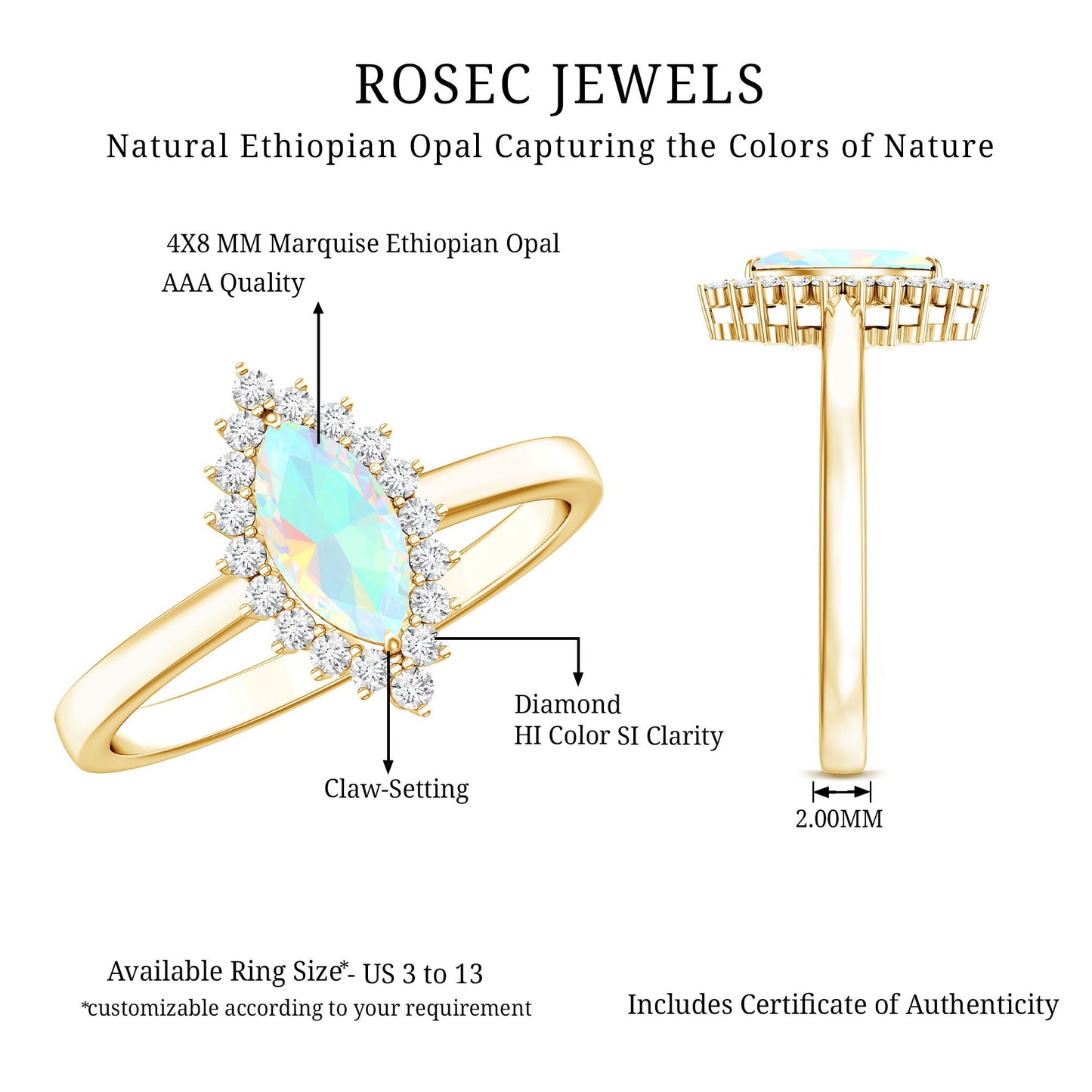 0.5 Carat Ethiopian Opal Marquise Cut Engagement Ring with Diamond Halo