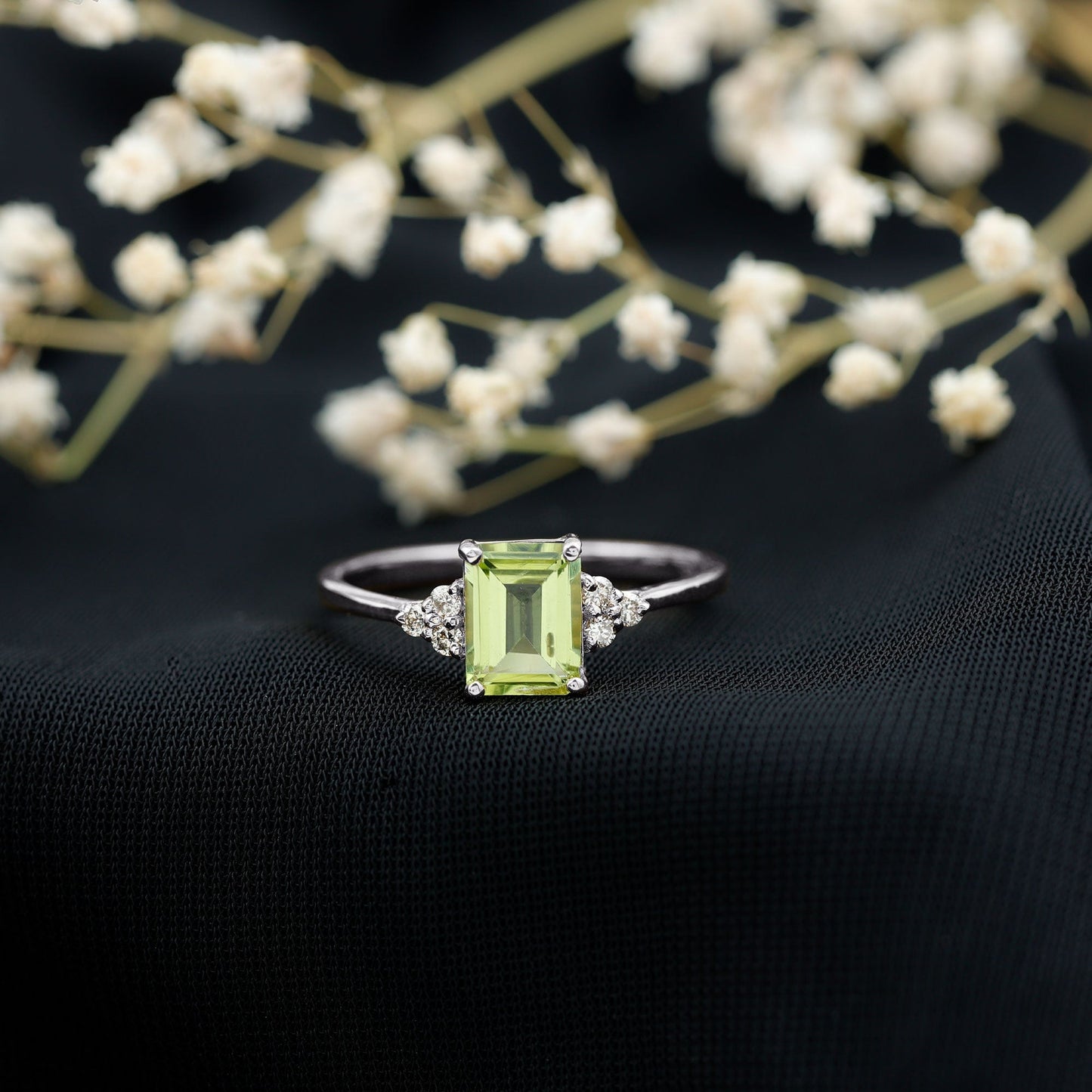 Emerald Cut Peridot Engagement Ring with Diamond Trio