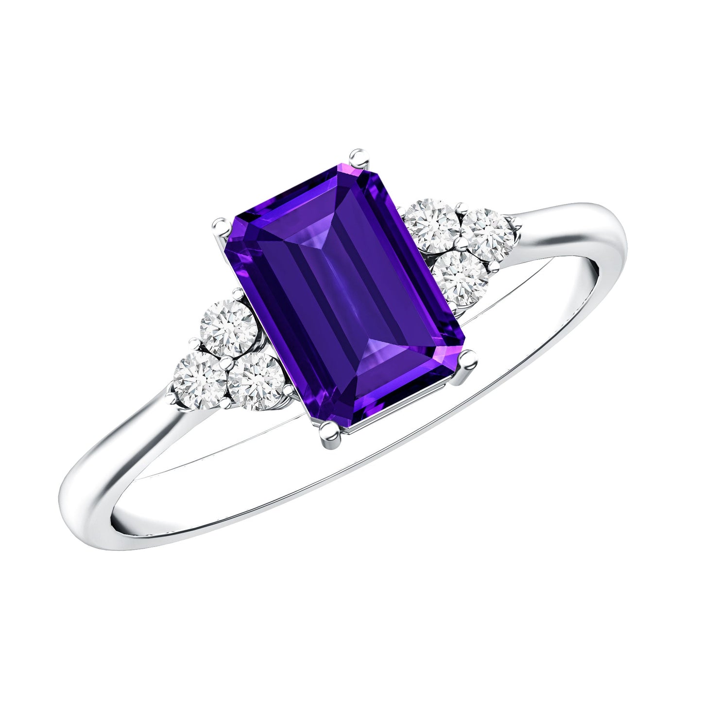 Real 1.4 Carat Amethyst Emerald Cut Engagement Ring with Diamond Trio