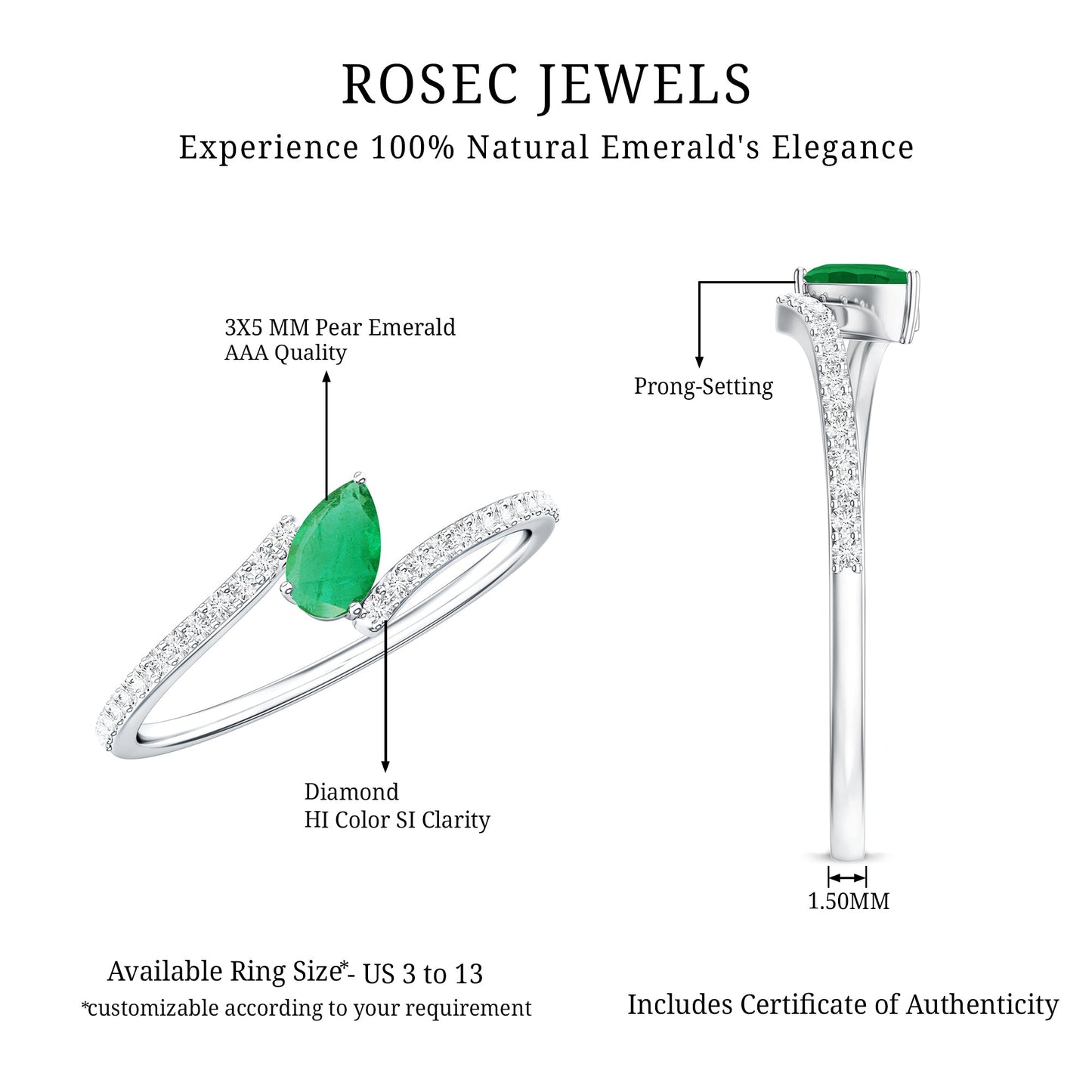 Pear Shaped Emerald and Diamond Promise Ring in Bypass Shank