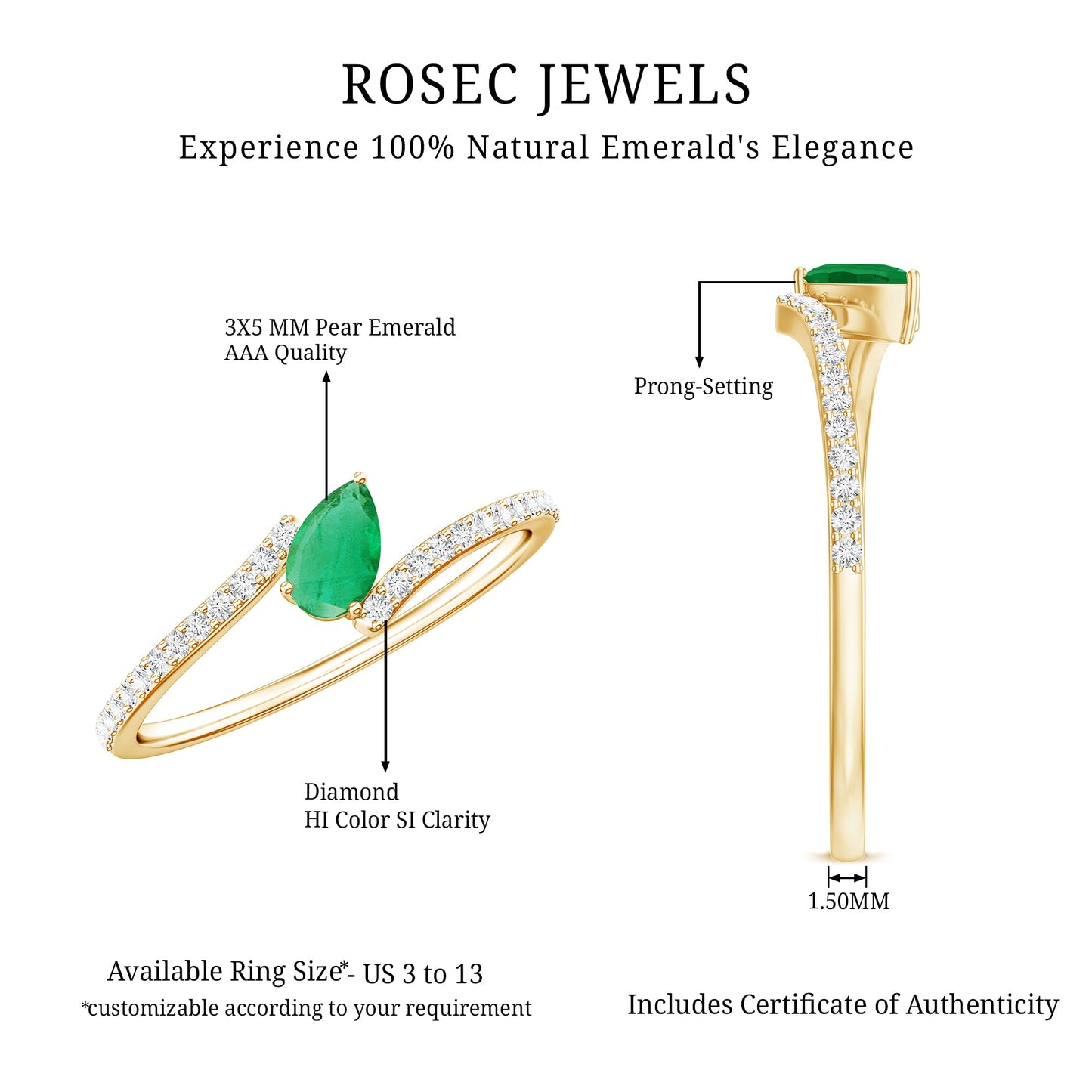Pear Shaped Emerald and Diamond Promise Ring in Bypass Shank
