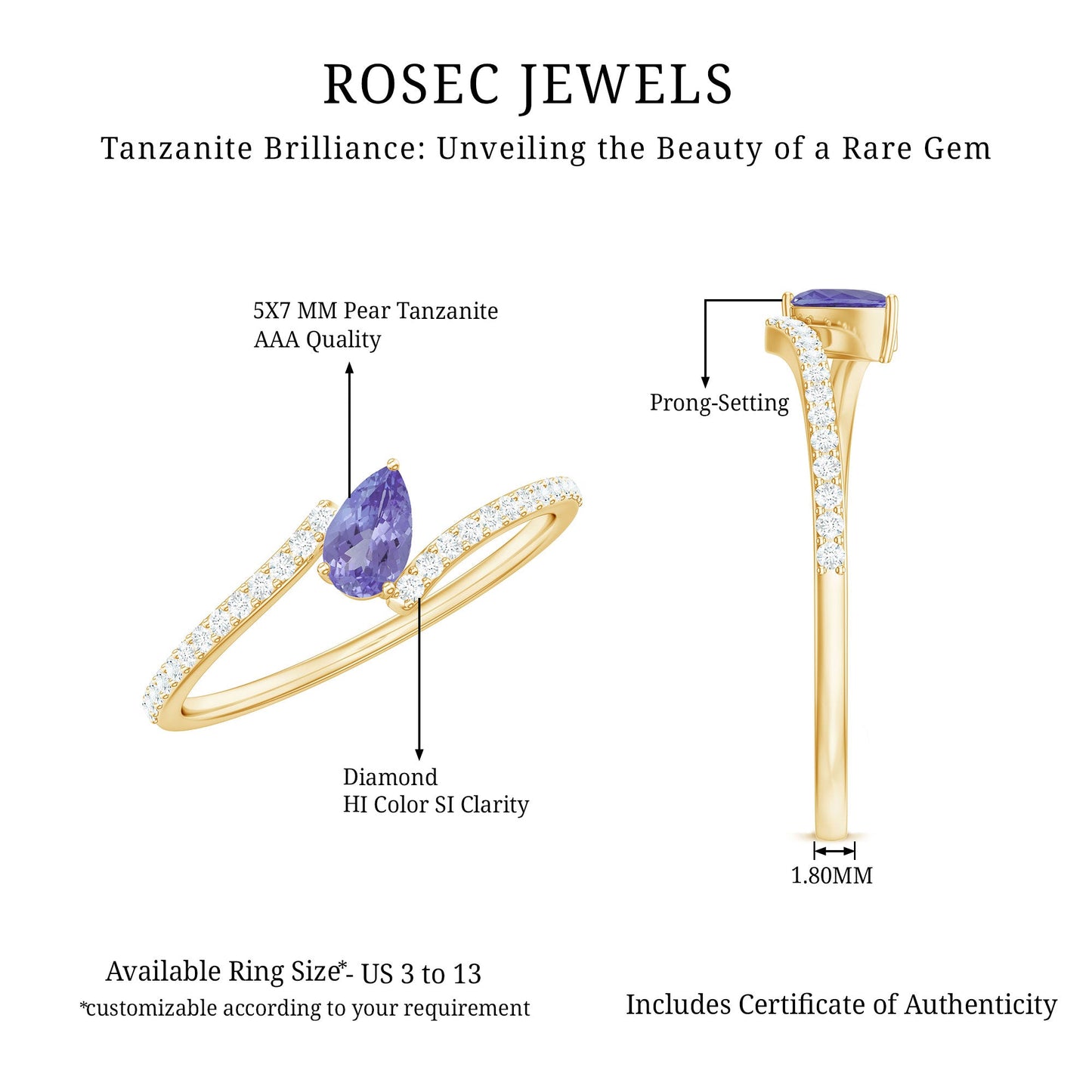 Natural Pear Shape Tanzanite Diamond Promise Ring for Engagement