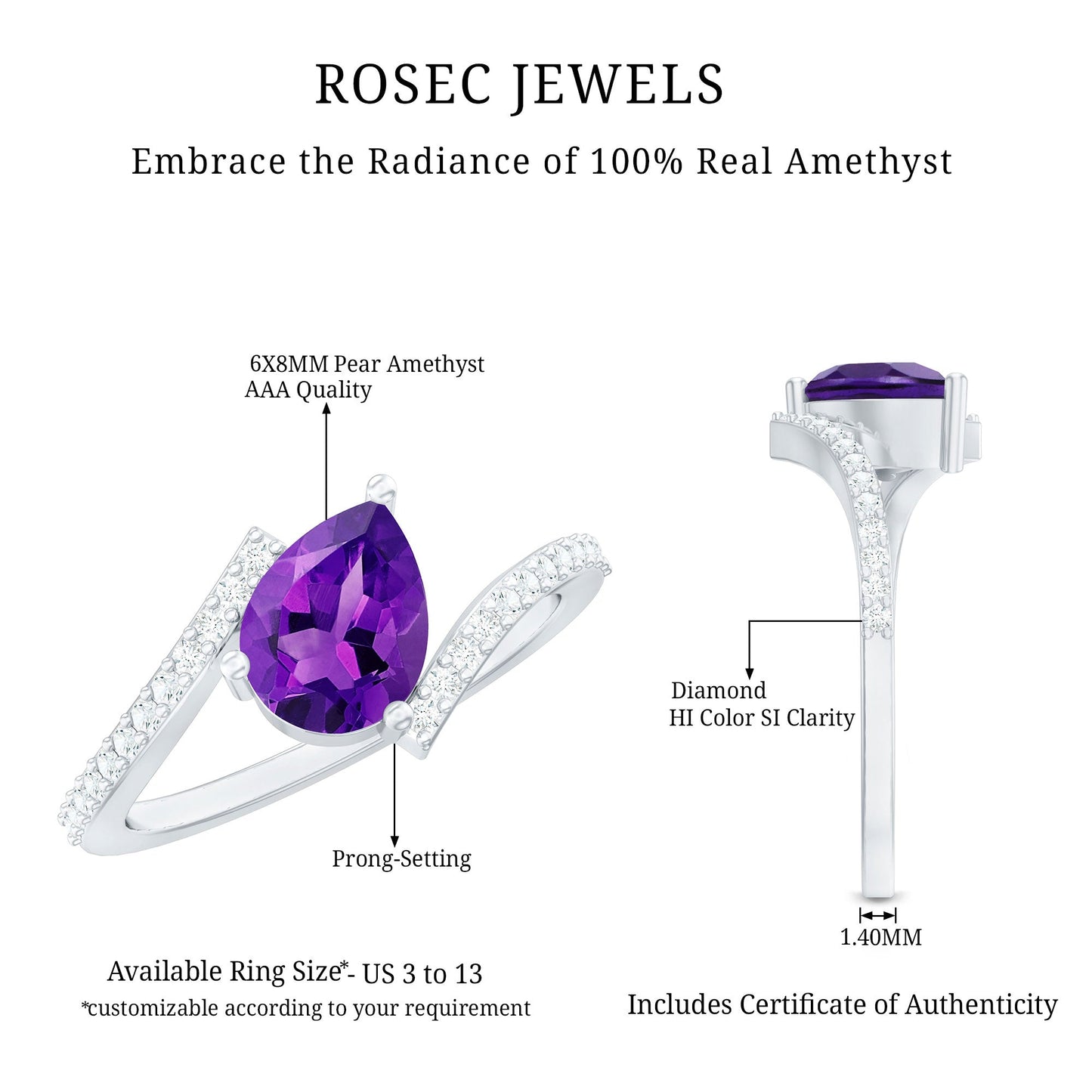Tilted Pear Shape Solitaire Amethyst Bypass Promise Ring with Diamond