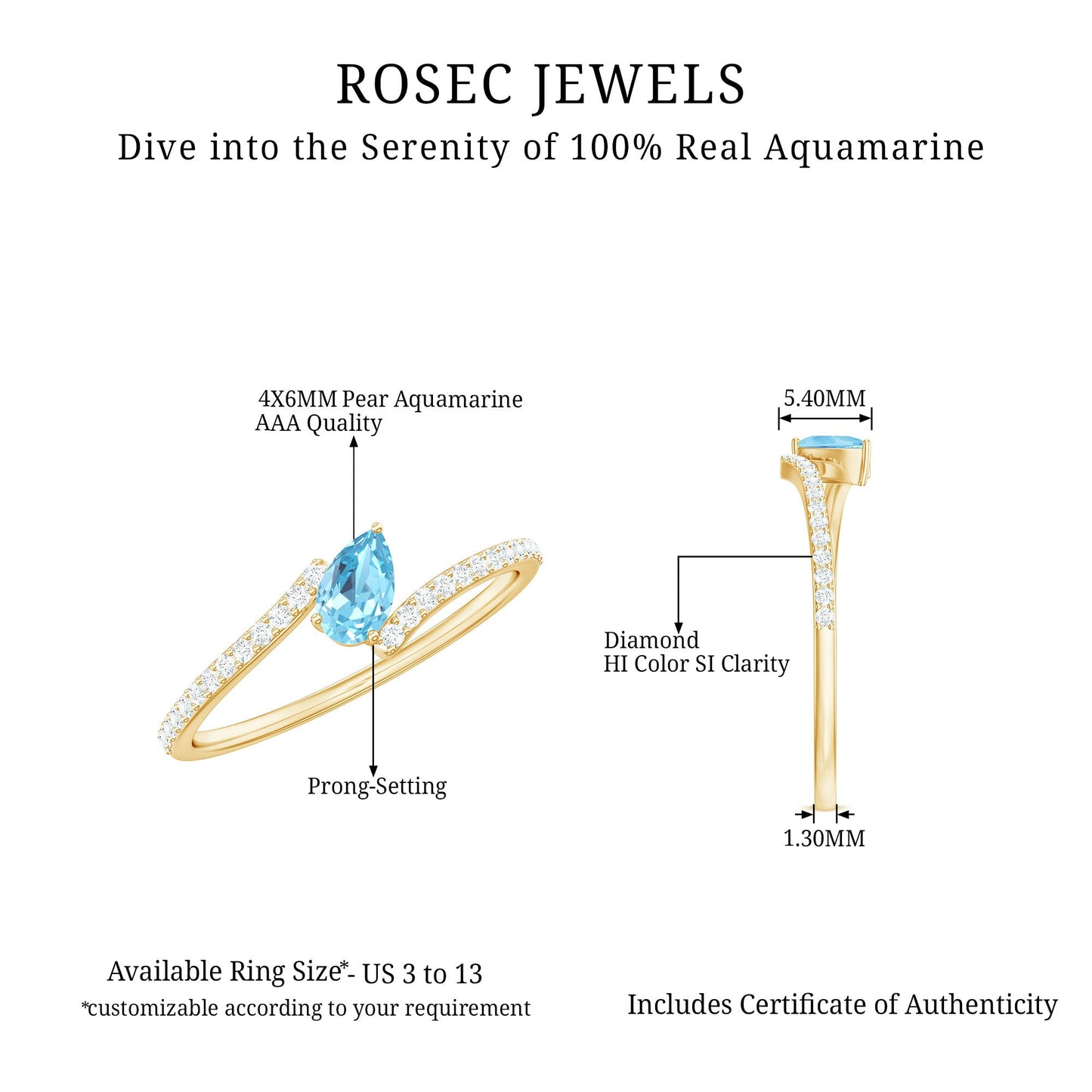 Real Aquamarine and Diamond Promise Ring in Bypass Shank