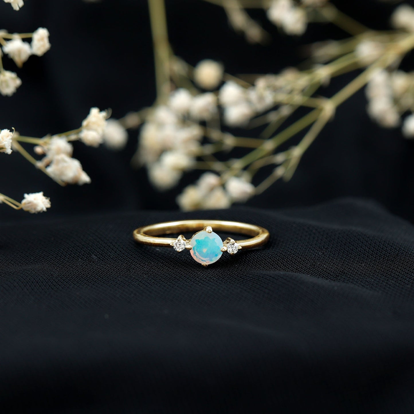 Natural Ethiopian Rainbow Opal Promise Ring with Diamond