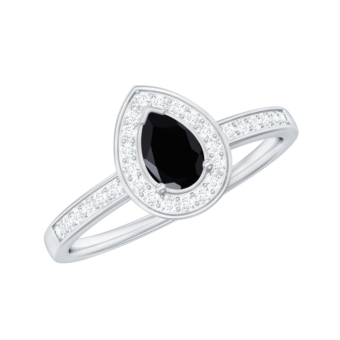 Genuine Black Spinel Teardrop Engagement Ring with Diamond Halo