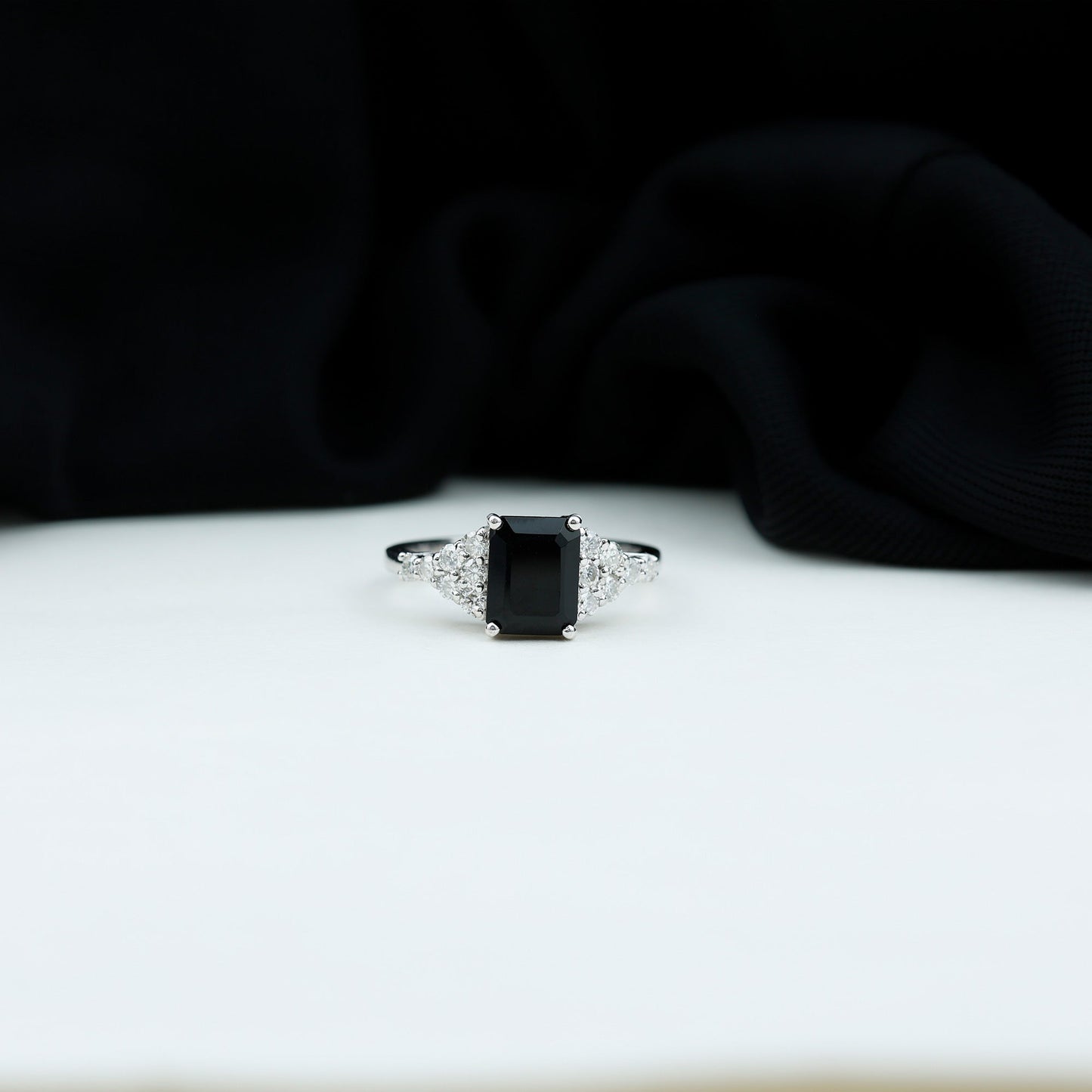 Certified 1.8 Carat Emerald Cut Black Onyx Engagement Ring with Diamonds