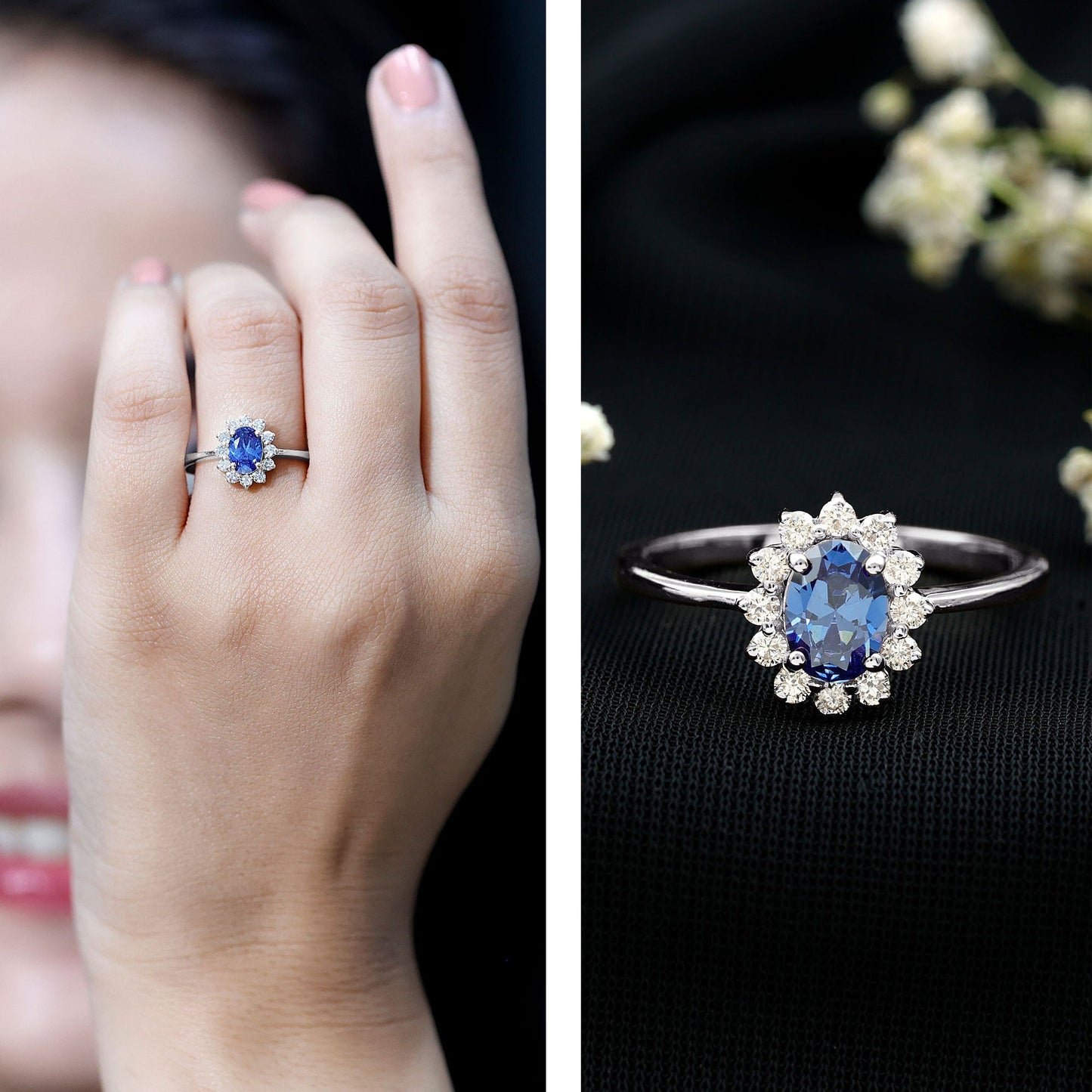 Certified 1 Carat Lab Grown Blue Sapphire Oval Engagement Ring with Diamond Halo