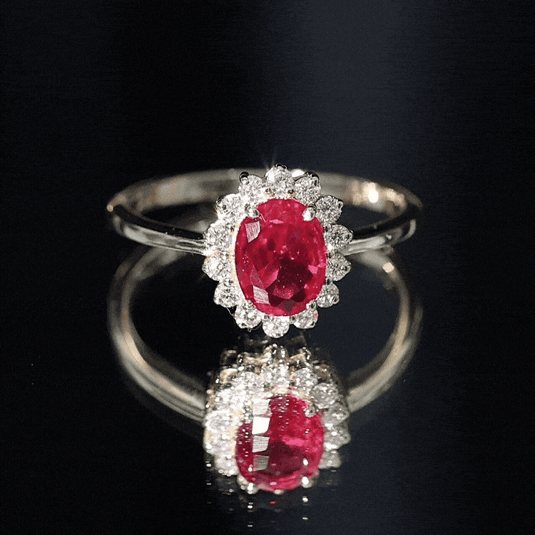 1.5 Carat Oval Shape Lab Grown Ruby and Diamond Halo Engagement Ring