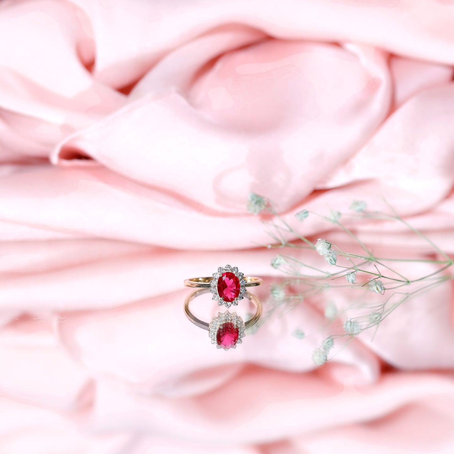1.5 Carat Oval Shape Lab Grown Ruby and Diamond Halo Engagement Ring
