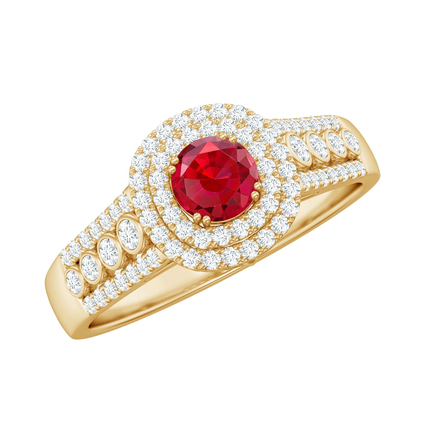 Antique Style Lab Ruby and Moissanite Double Halo Engagement Ring