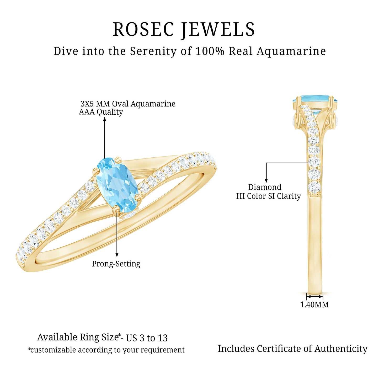 Natural Aquamarine Promise Ring with Diamond Split Shank
