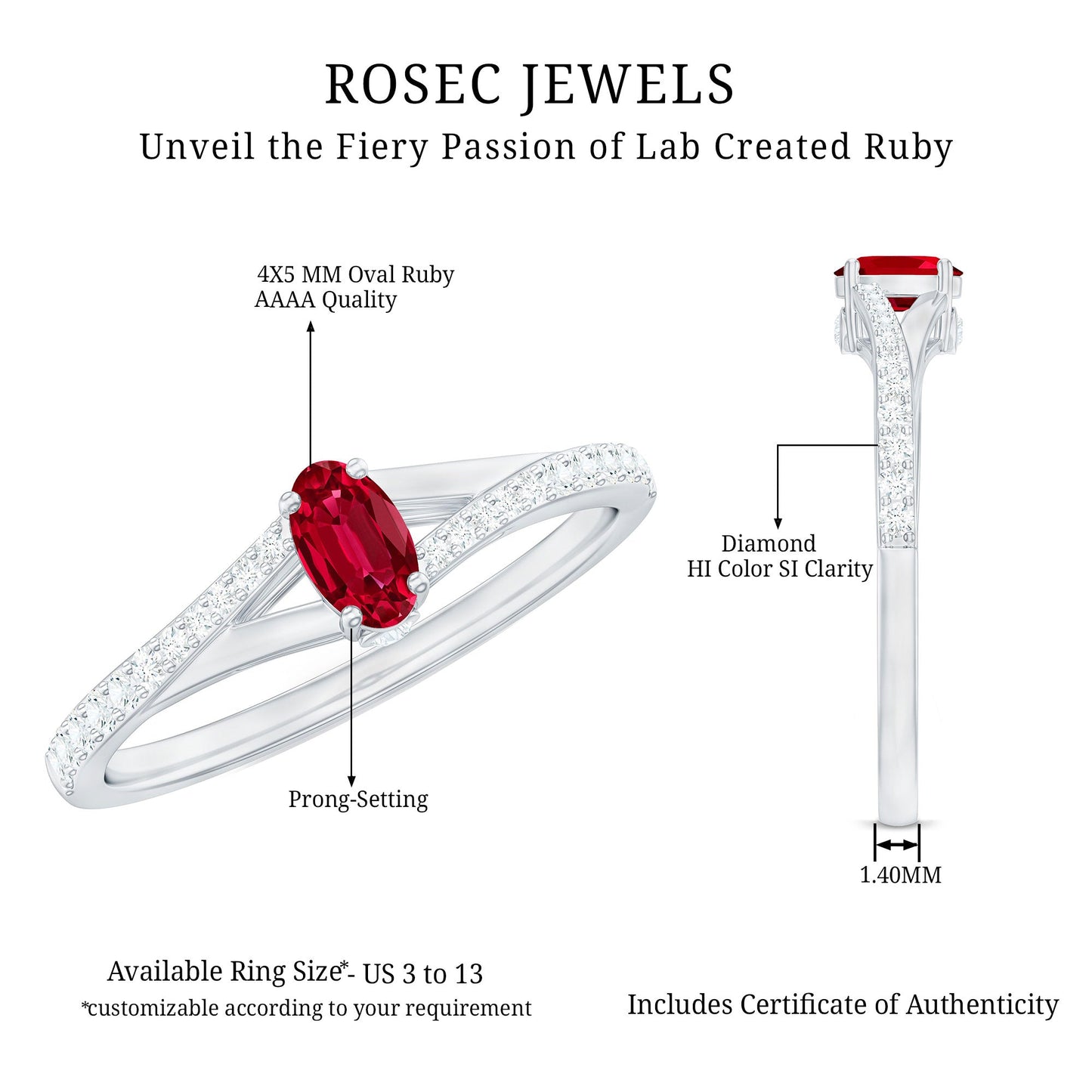0.42 Carat Lab Grown Ruby and Diamond Solitaire Ring with Split Shank