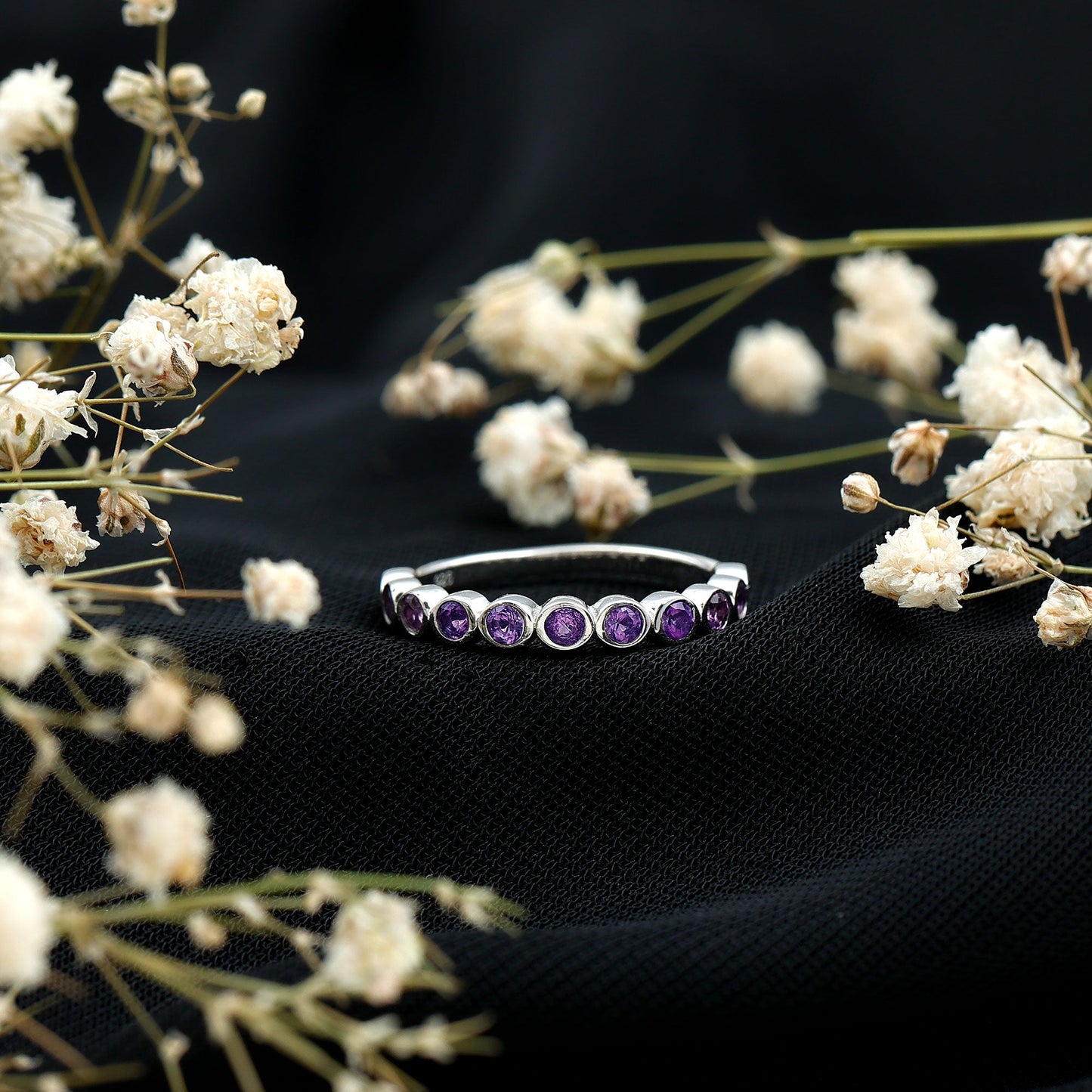 Bezel Set Natural Amethyst Half Eternity Wedding Band in Silver